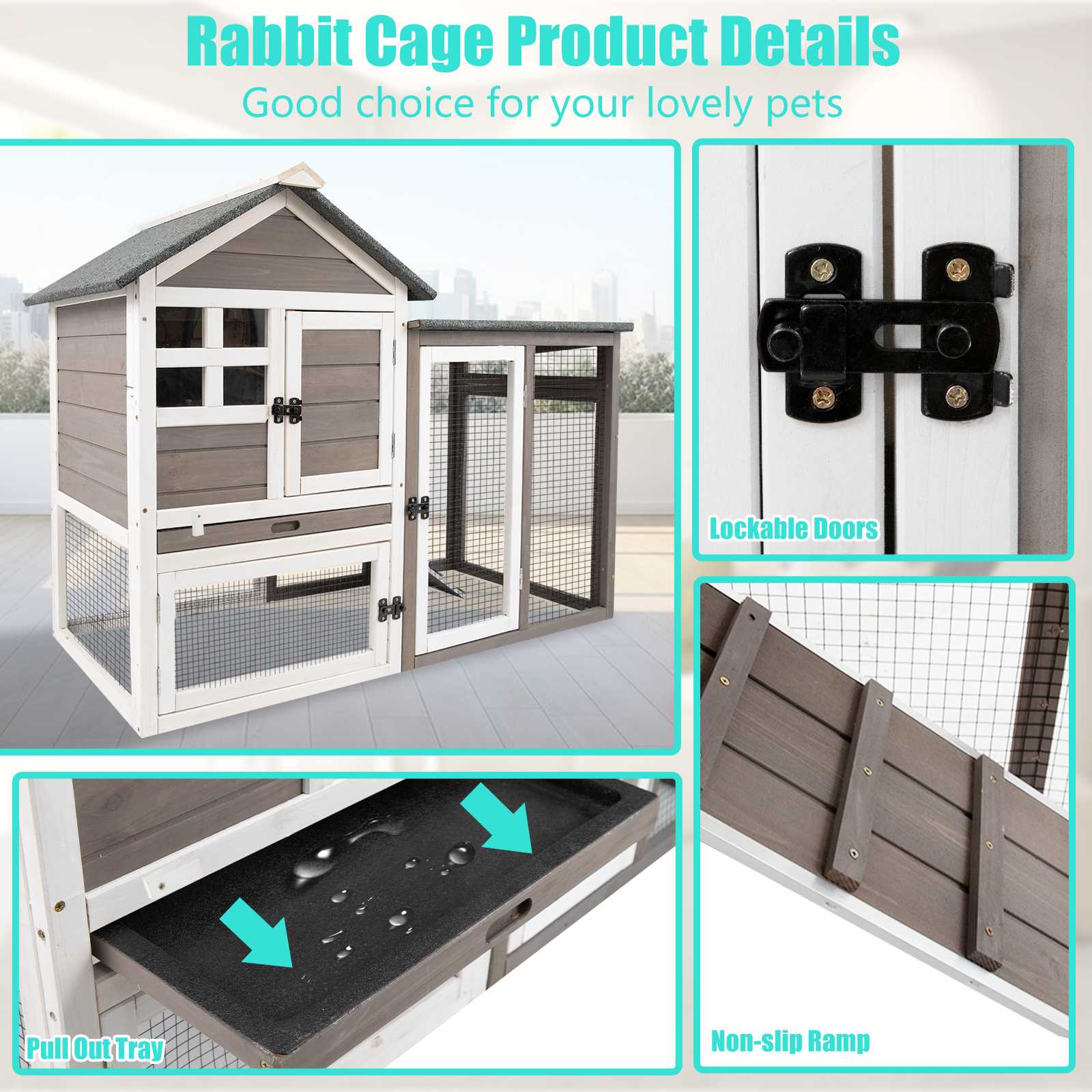 PETSCOSSET Rabbit Hutch Bunny Cage Indoor, Two-Story Large Rabbit Cage Guinea Pig House with Tray, Gray