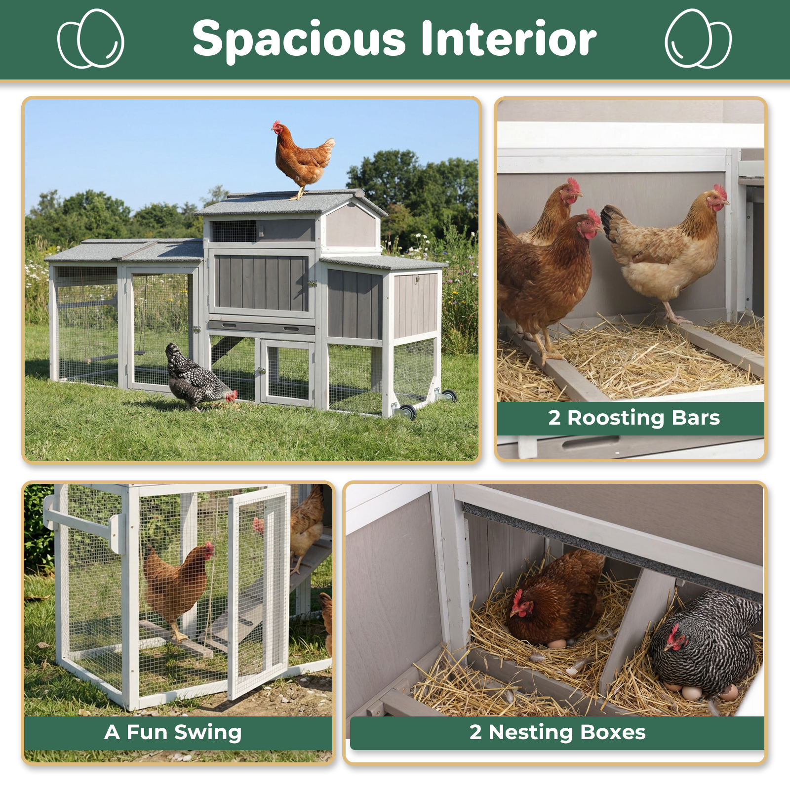 Large Weatherproof Mobile Chicken Coop with Run, Wheels & Swing-PET83-GREYWHITE