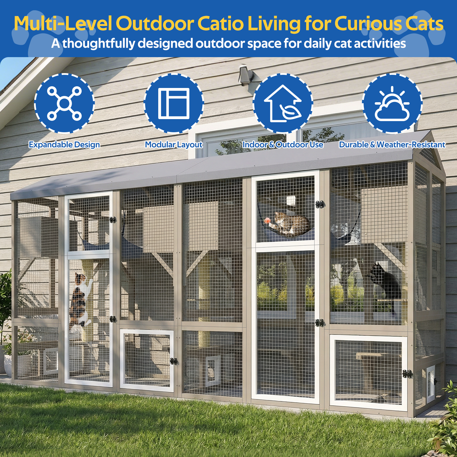 4-Tier Catio Outdoor Cat Enclosure, Large Weatherproof Cat House with Sleeping Condos & Window Access for Multiple Cats