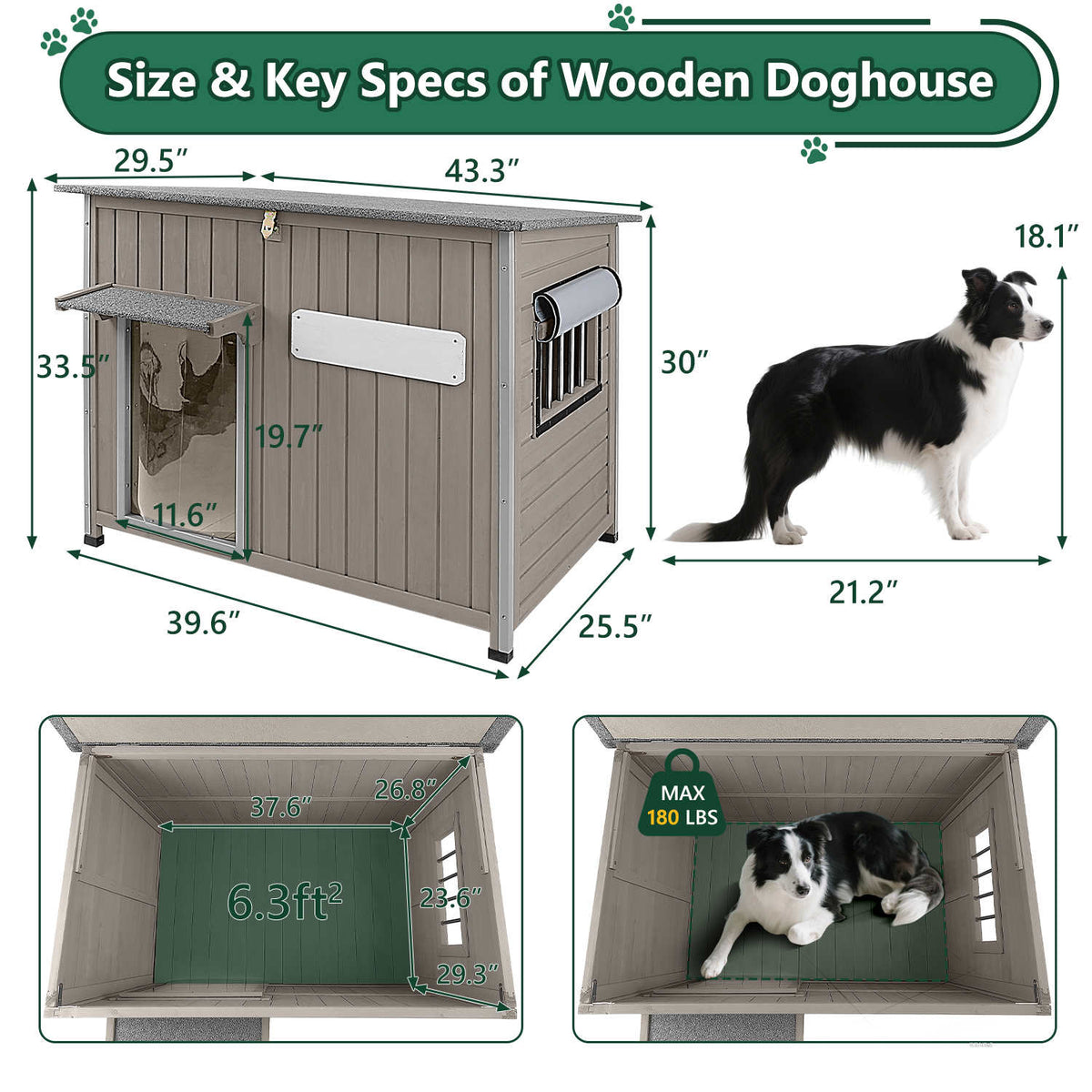 PETSCOSSET Large Dog House, Wooden Dog Kennel with Asphalt Roof for Medium Dog, Gray