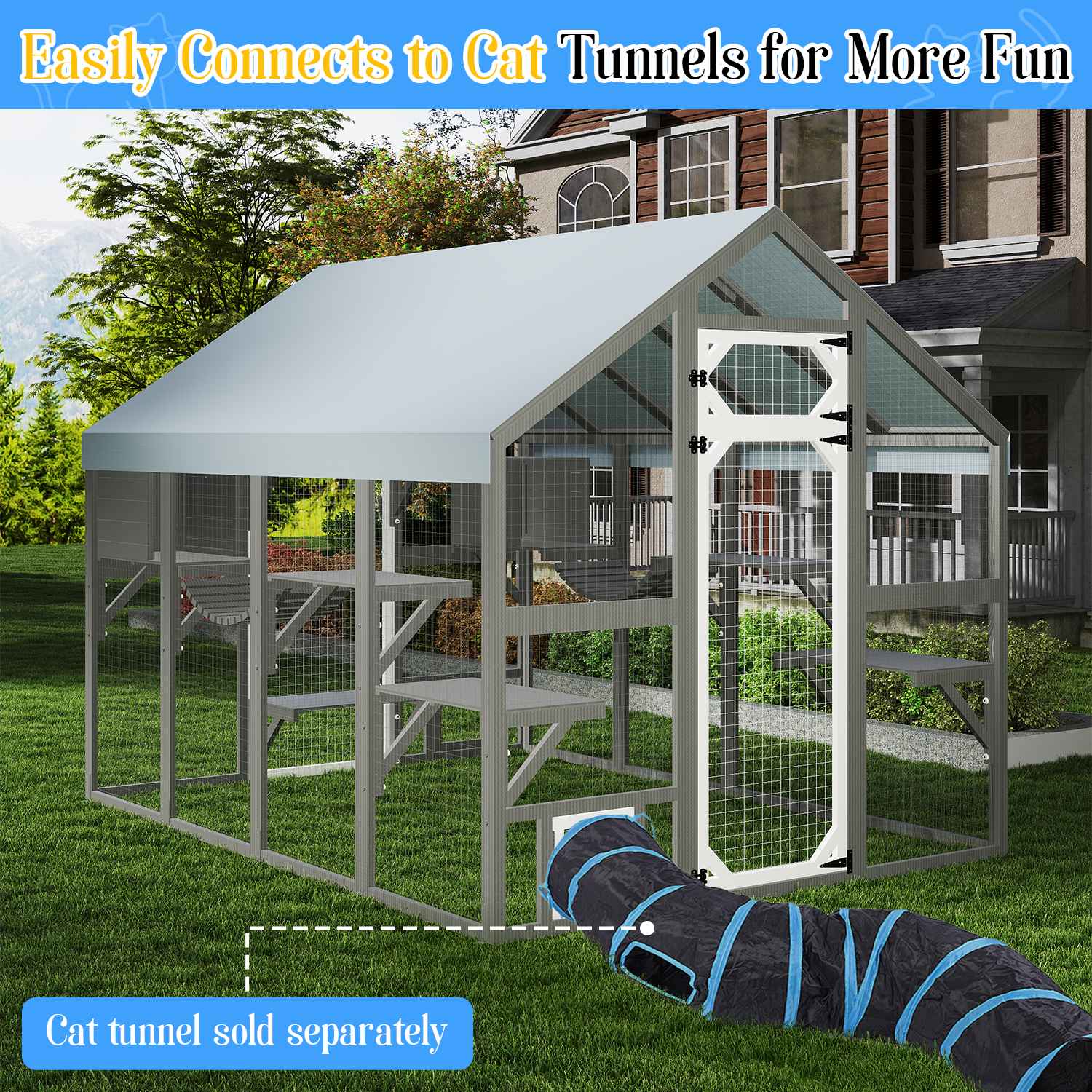 PETSCOSSET Extra Large Outdoor Catio, Weatherproof Walk-In Cat Enclosure with Bridges, Full Cover, 8 Platforms & 2 Resting Boxes