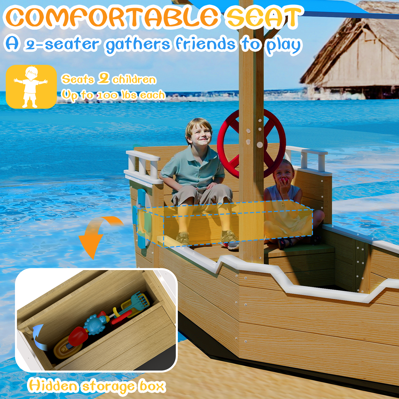 UV-Resistant Ship Sandbox with Built-in Seats & Storage, Liner, for Kids 2-8-GF02