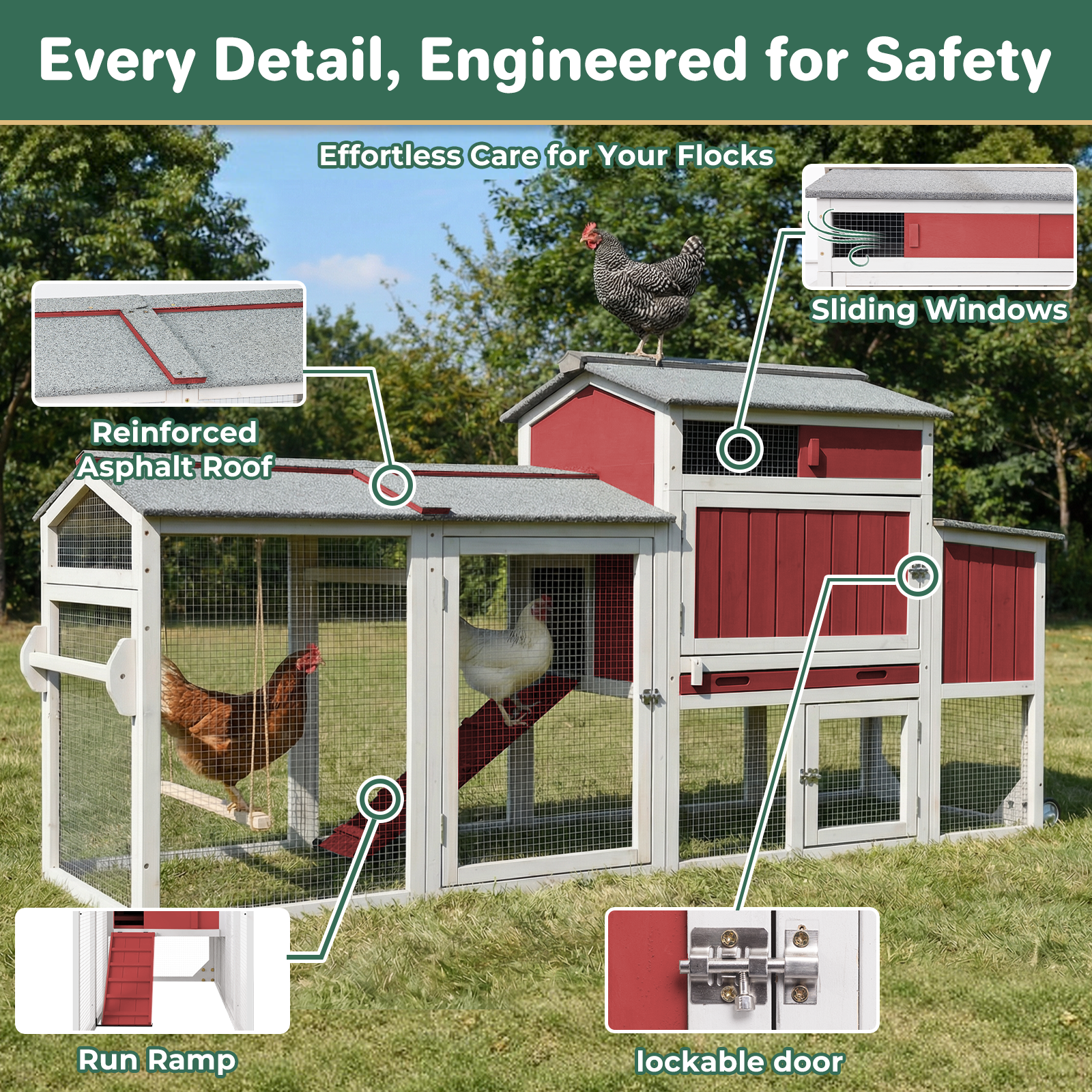 Large Weatherproof Mobile Chicken Coop with Run, Wheels & Swing-PET83-REDWHITE