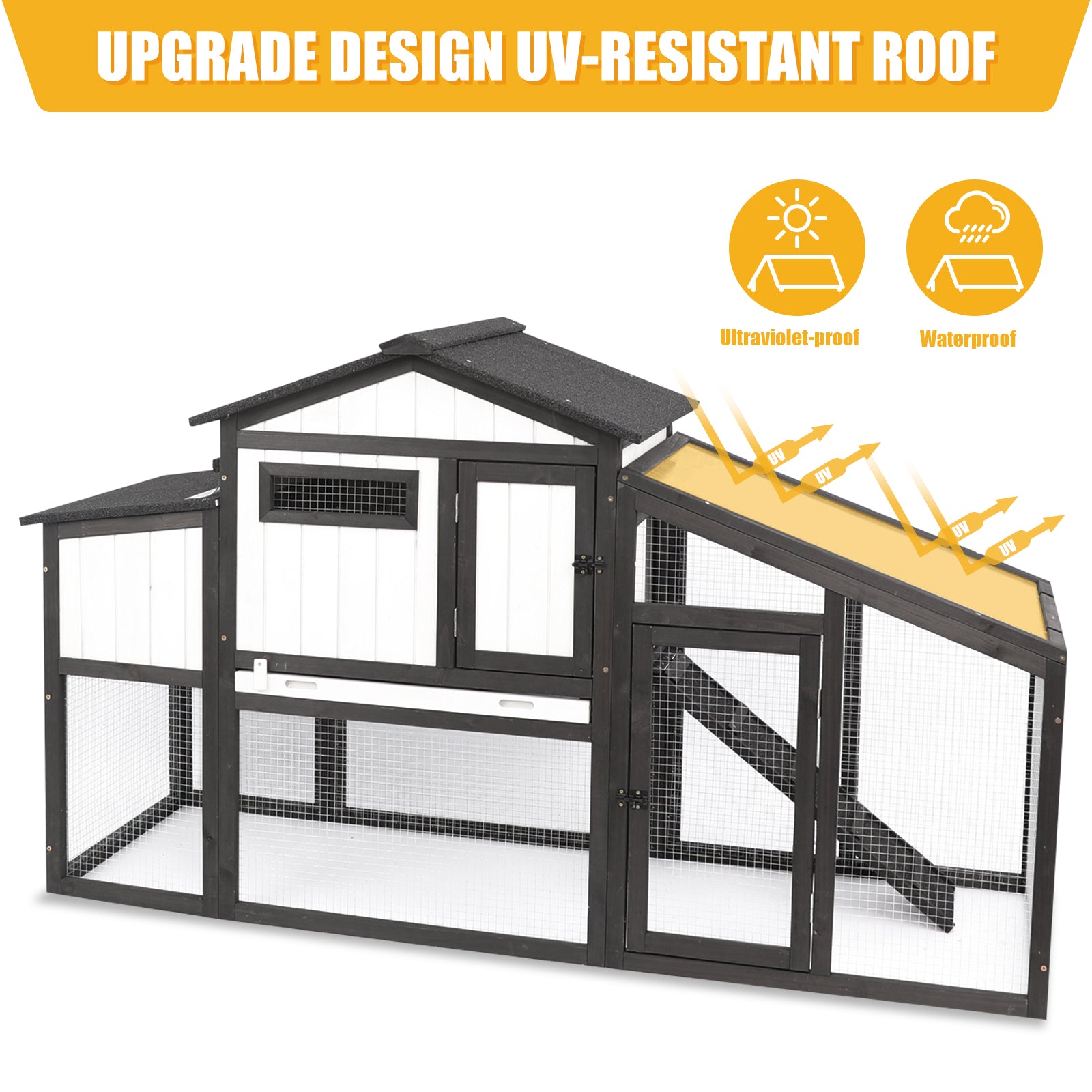 65″L Wooden Hen House with Nesting Box, Run,UV Panel-PET06-BLACKWHITE