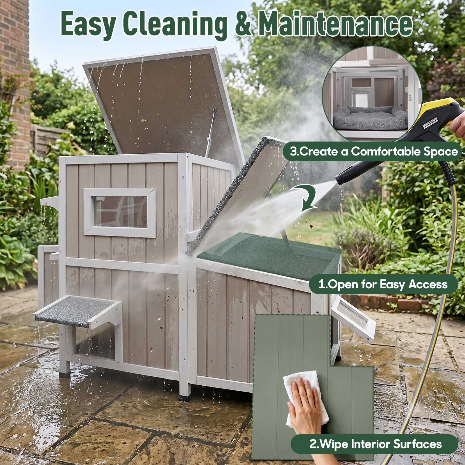 Outdoor Cat House 2 Story with 3 Escape Doors, Feral Cat House with 2 Rest Rooms for 2-3 Cats-PET19