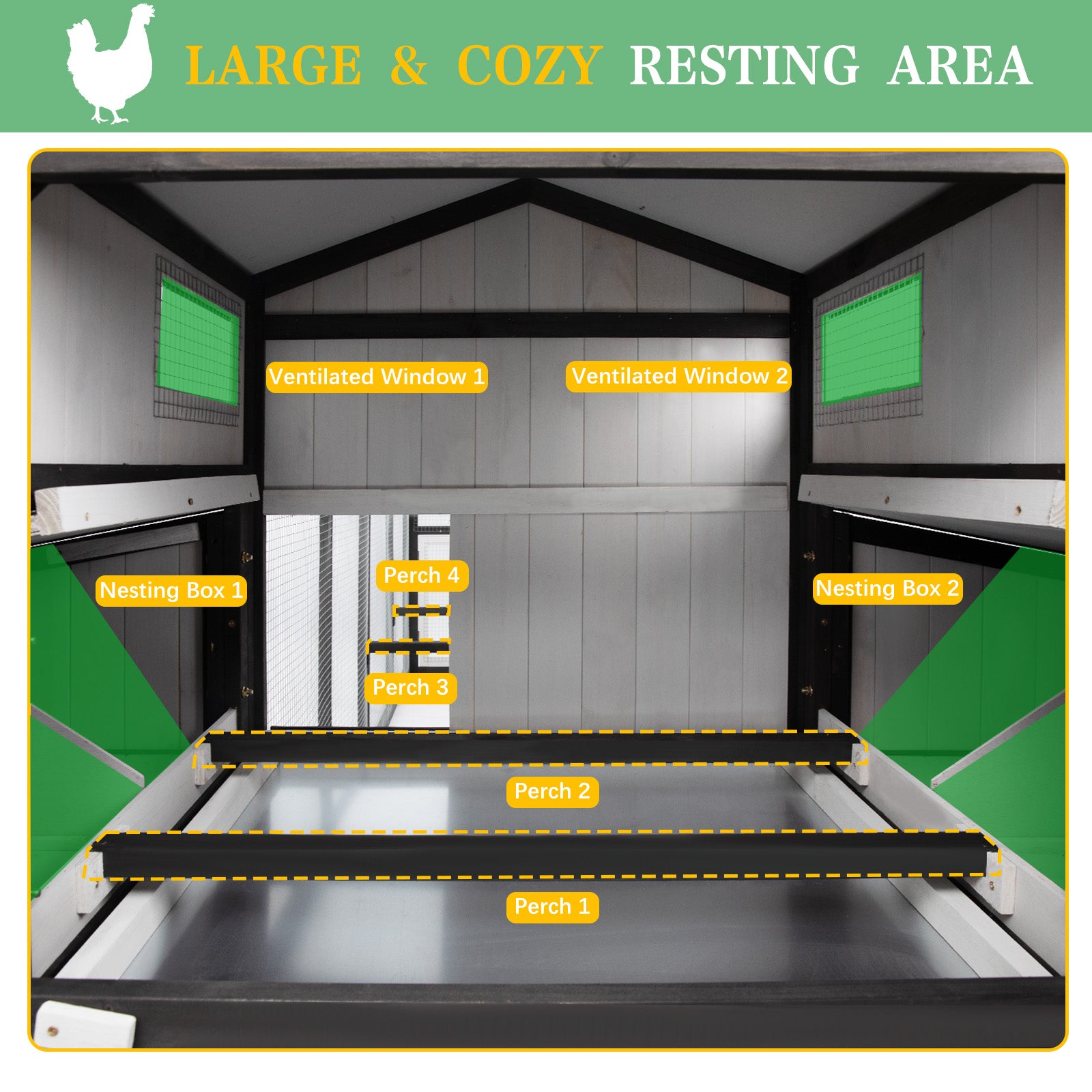 Large chicken coop with run for 4–12 chickens, includes 4 nesting boxes - PET27