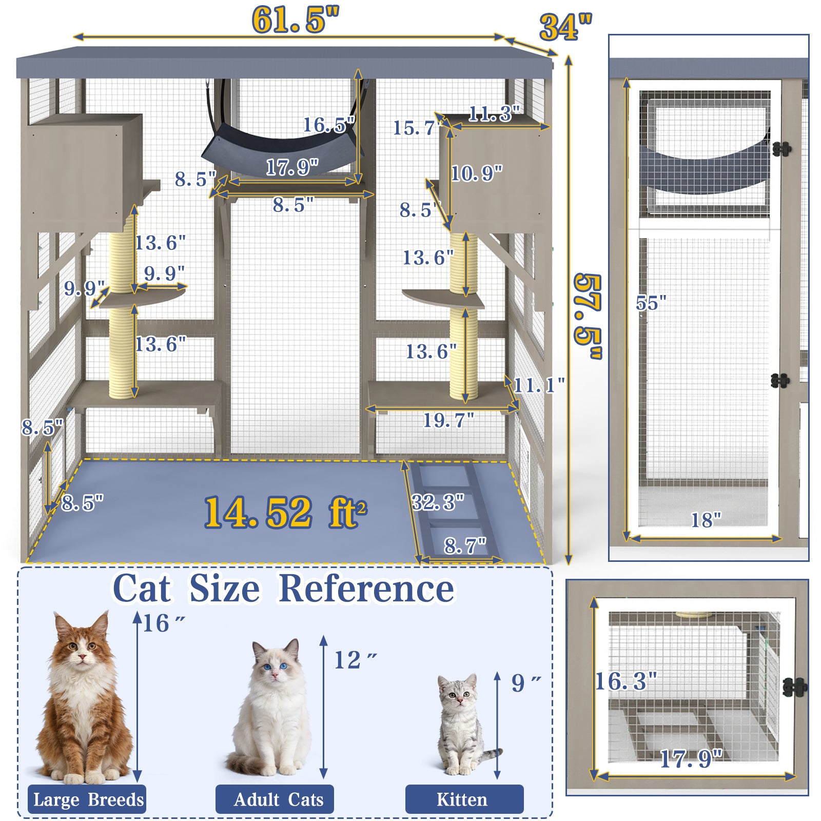 Window-Accessible Walk-in Catio, 4-Tier Outdoor Cat Enclosure with Platforms & Hammock, Large Weatherproof Cat House for Patio