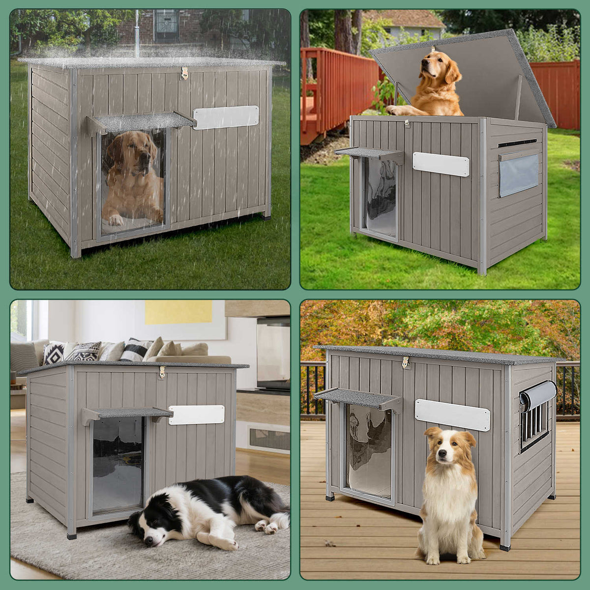 PETSCOSSET Large Dog House, Wooden Dog Kennel with Asphalt Roof for Medium Dog, Gray