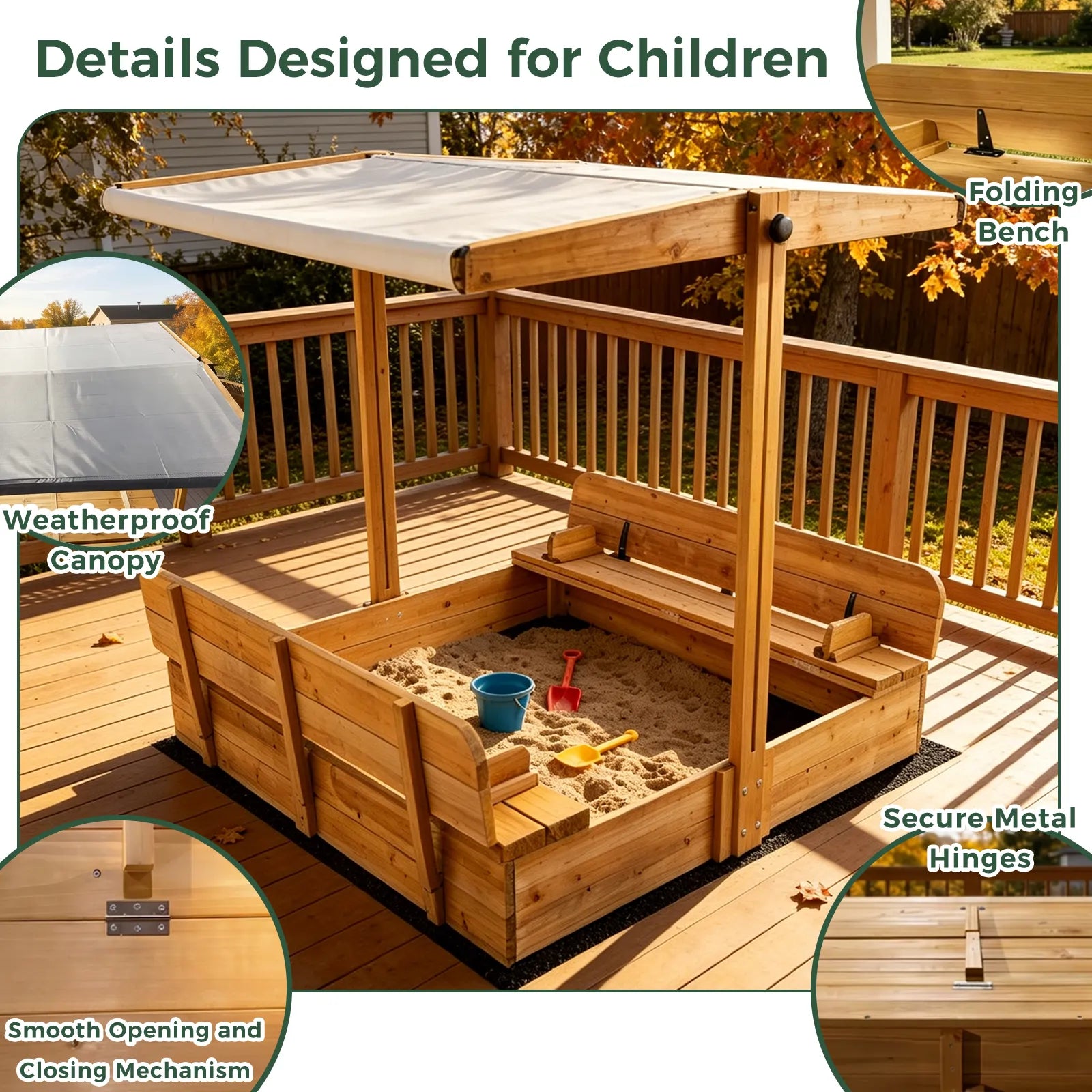 Kids Sand Box - Wooden Outdoor Rotatable Canopy Brown - GF01