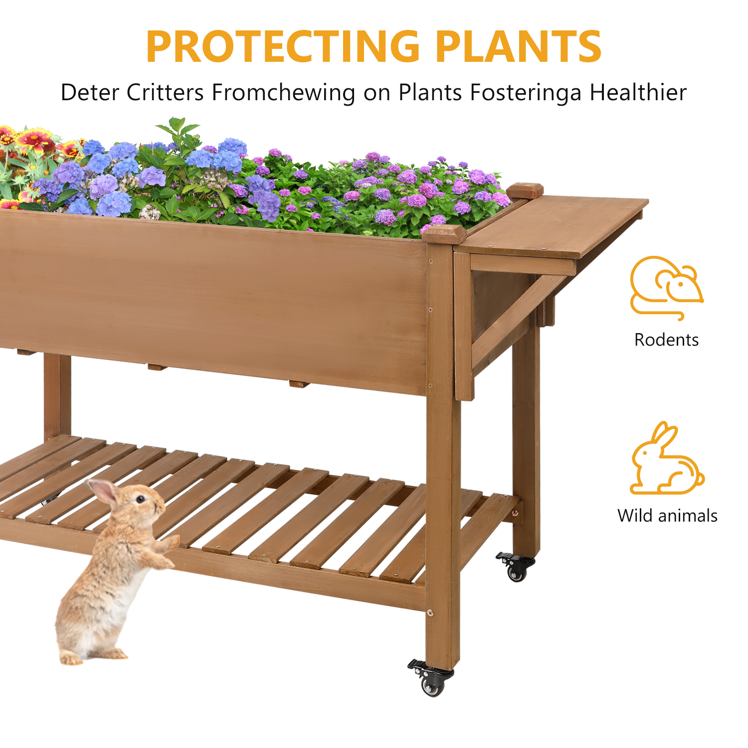 Brown wooden planter with liner and drainage holes
