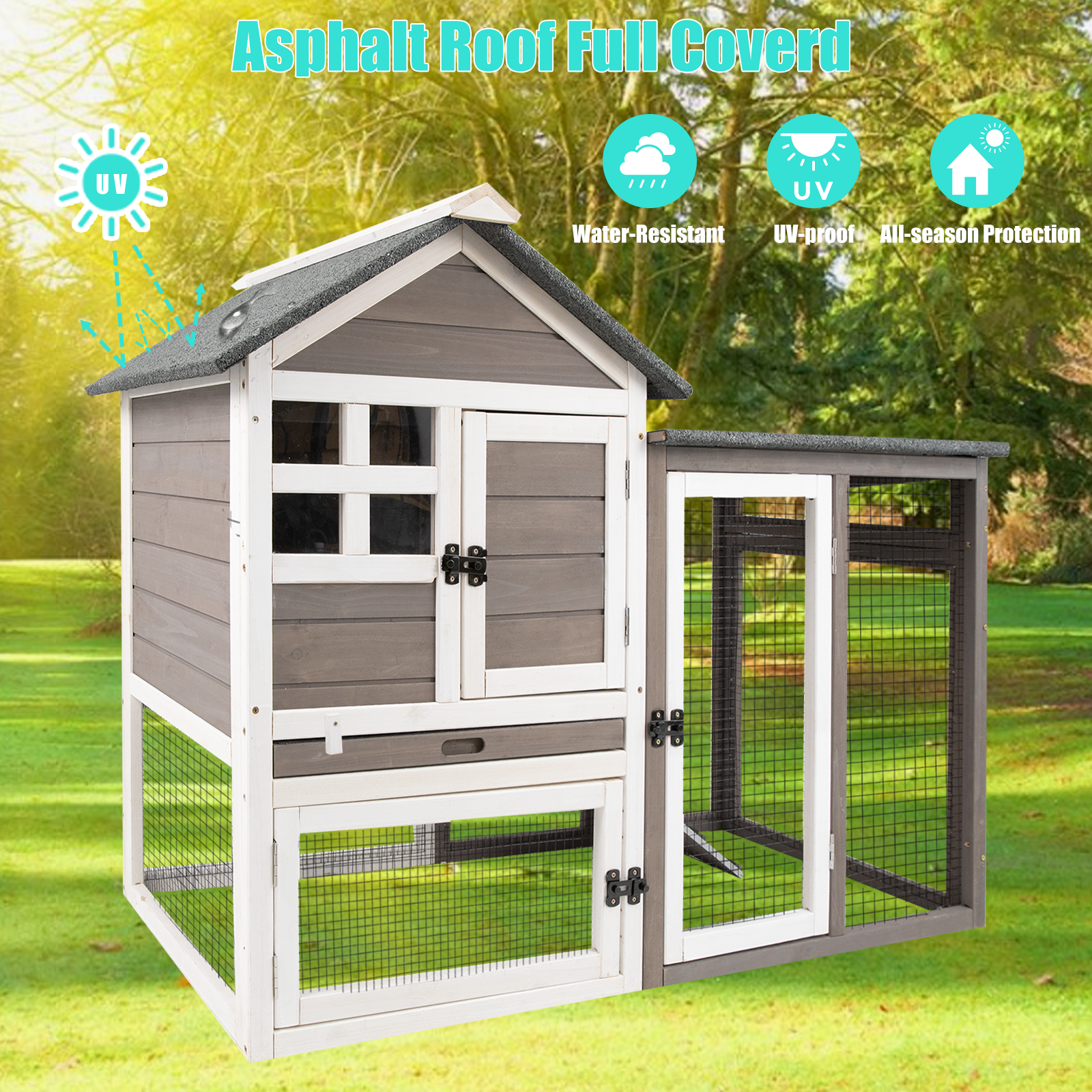 PETSCOSSET Rabbit Hutch Bunny Cage Indoor, Two-Story Large Rabbit Cage Guinea Pig House with Tray, Gray