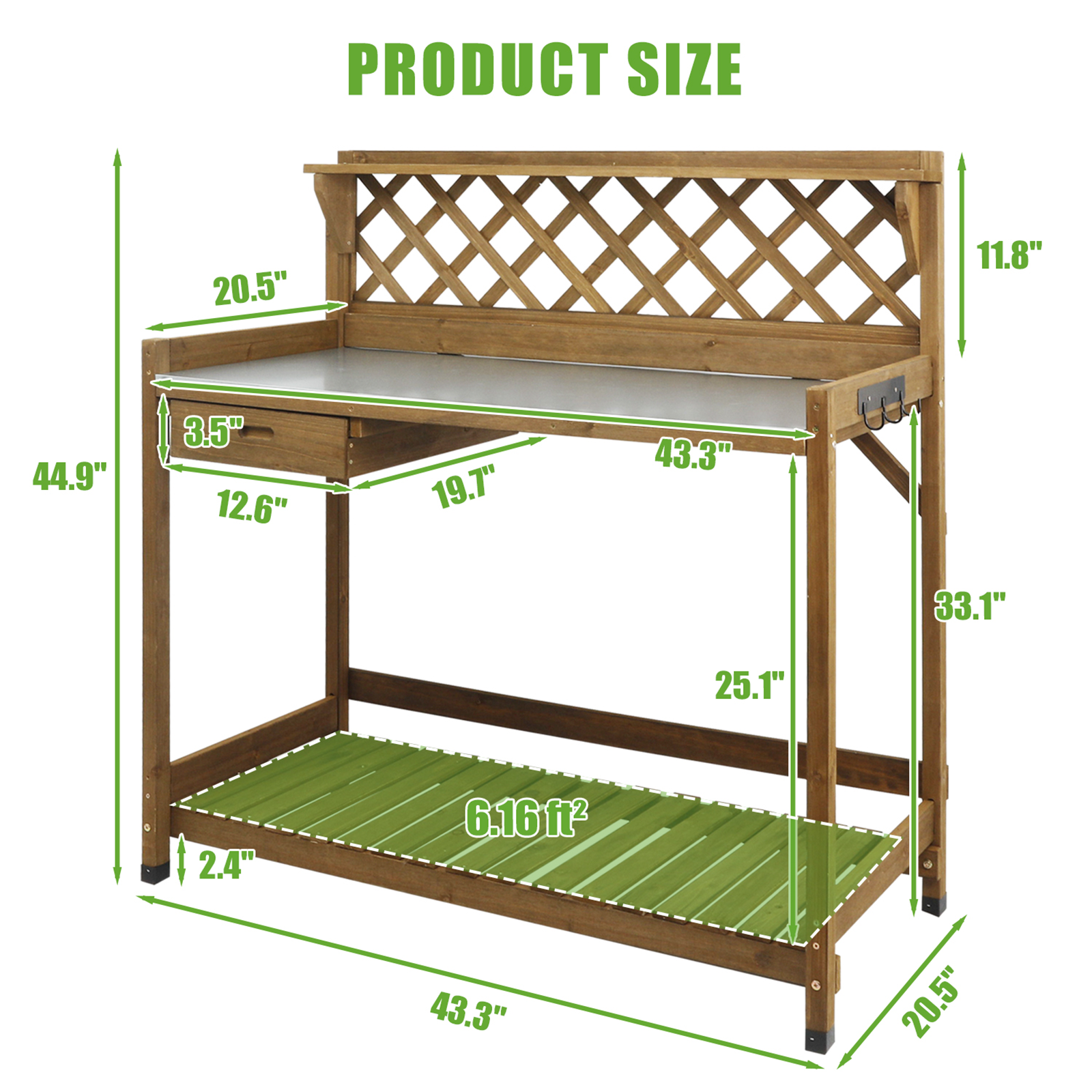Wooden Potting Benches & Tables, W/Metal Table Top, Drawer, Bottom Shelf-GF11