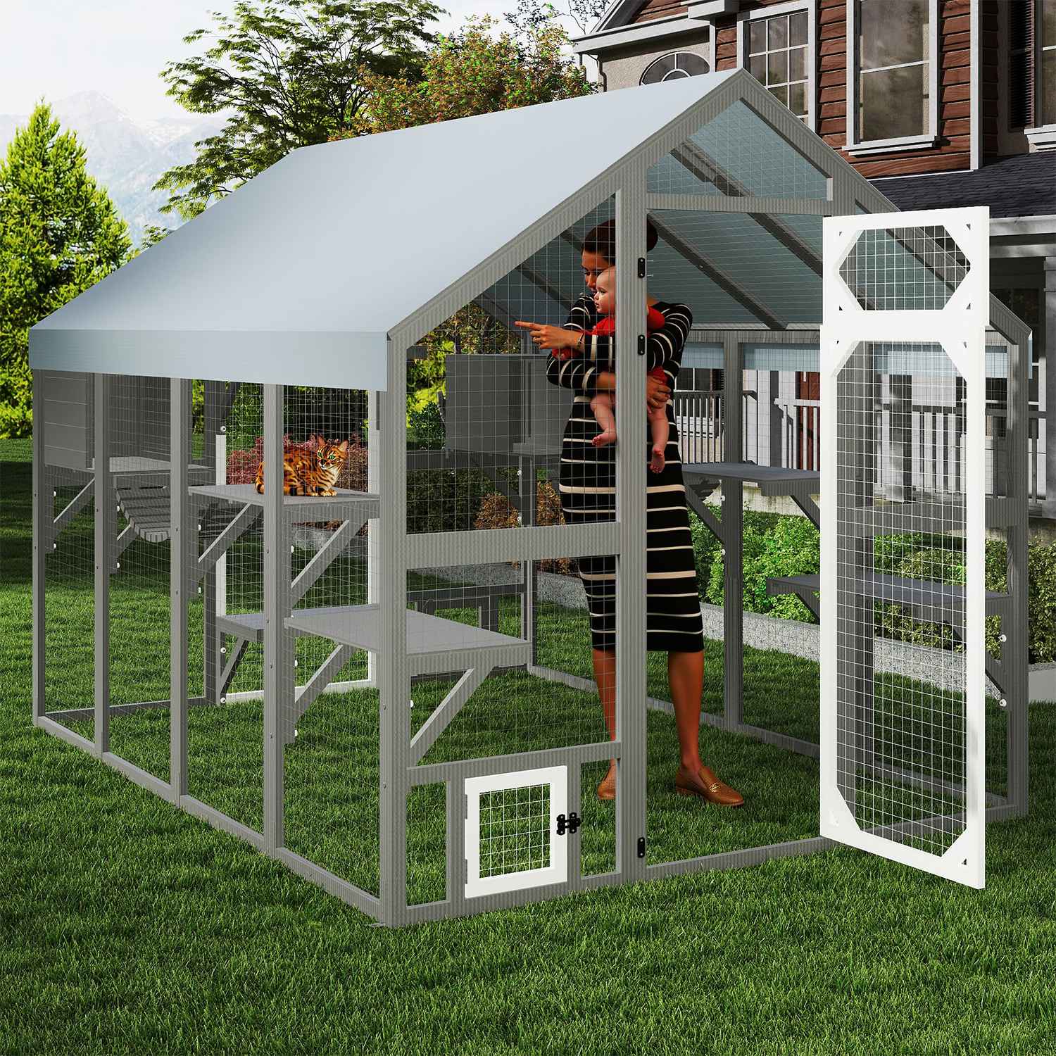 PETSCOSSET Extra Large Outdoor Catio, Weatherproof Walk-In Cat Enclosure with Bridges, Full Cover, 8 Platforms & 2 Resting Boxes
