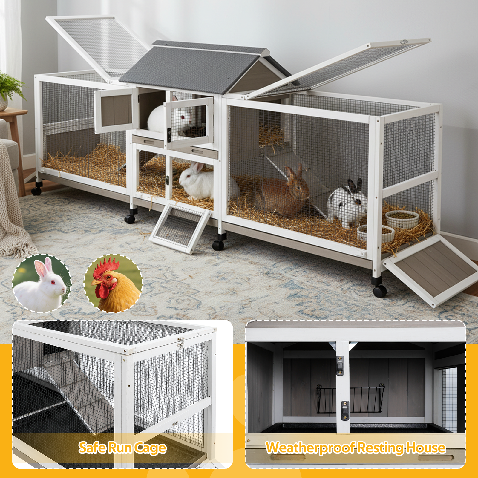 PETSCOSSET Double Rabbit Hutch Outdoor Indoor Large Bunny Cage with Dual Side Runs, 2-Story Wooden Hutch with 4 Leak Proof Trays, 8 Wheels, Waterproof Roof, Ramp, for Small to Medium Animals