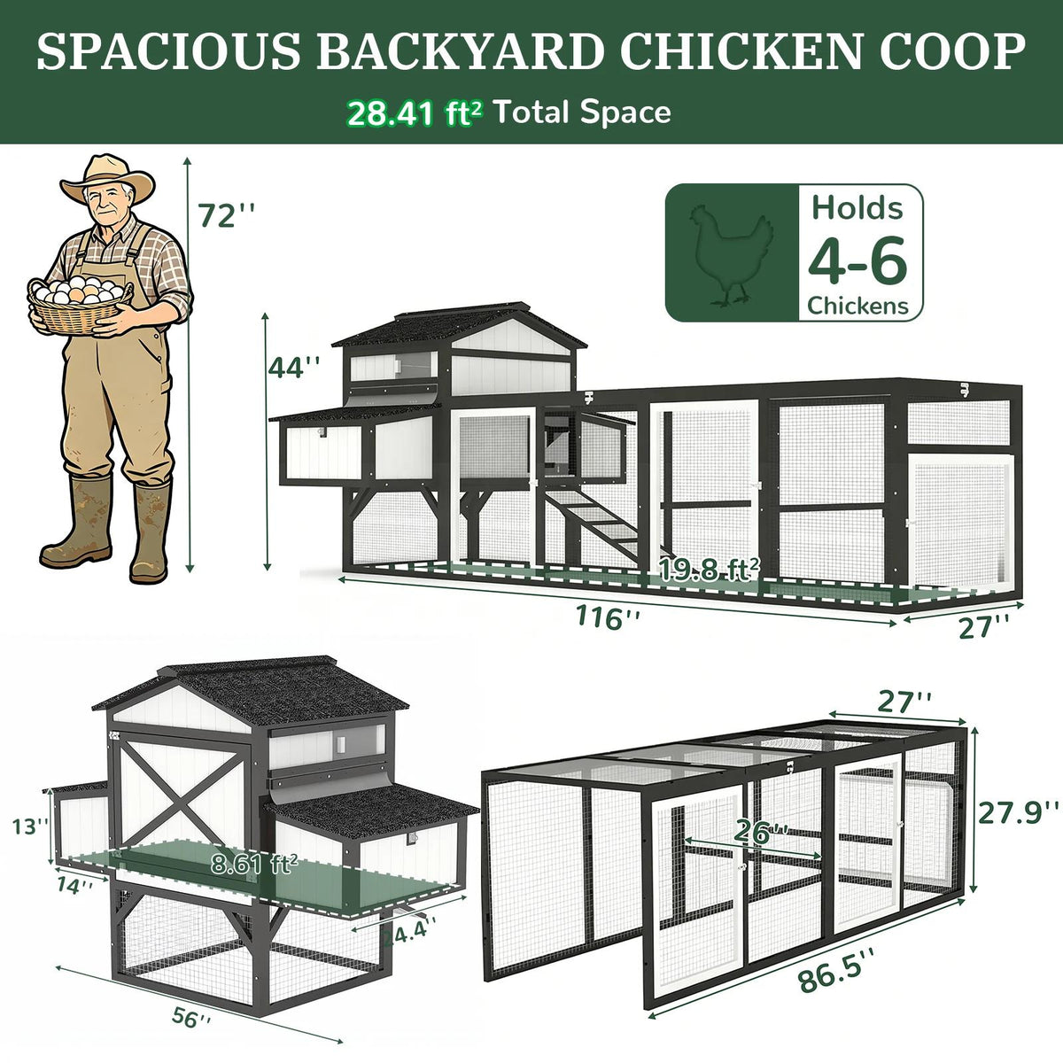 Large chicken coop with run for 4–12 chickens, includes 4 nesting boxes - PET27