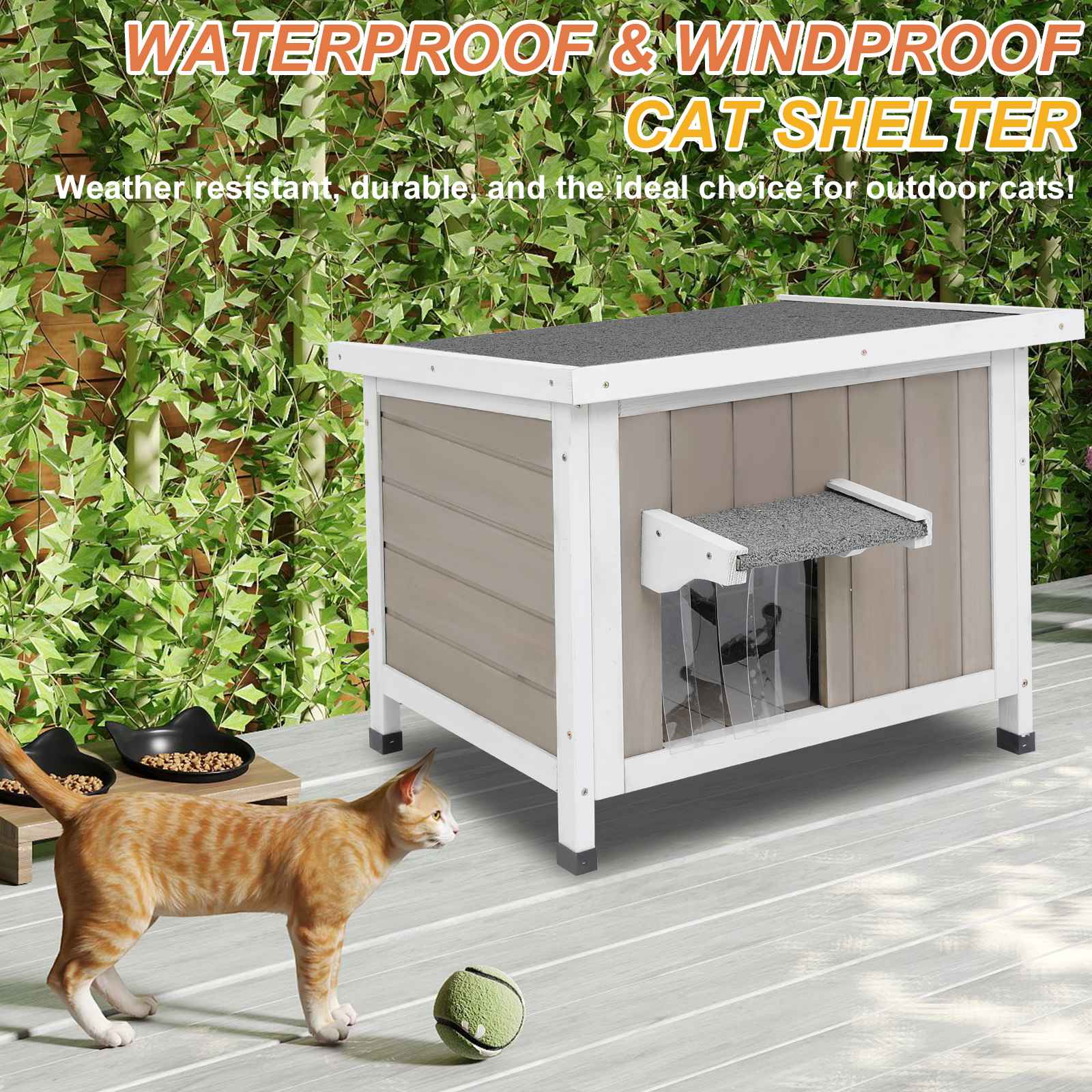 PETSCOSSET Outdoor Cat House for Feral Cats, Weatherproof Wooden Shelter with Open Roof, Easy to Assemble, 22.4"x18.4"x17.5"