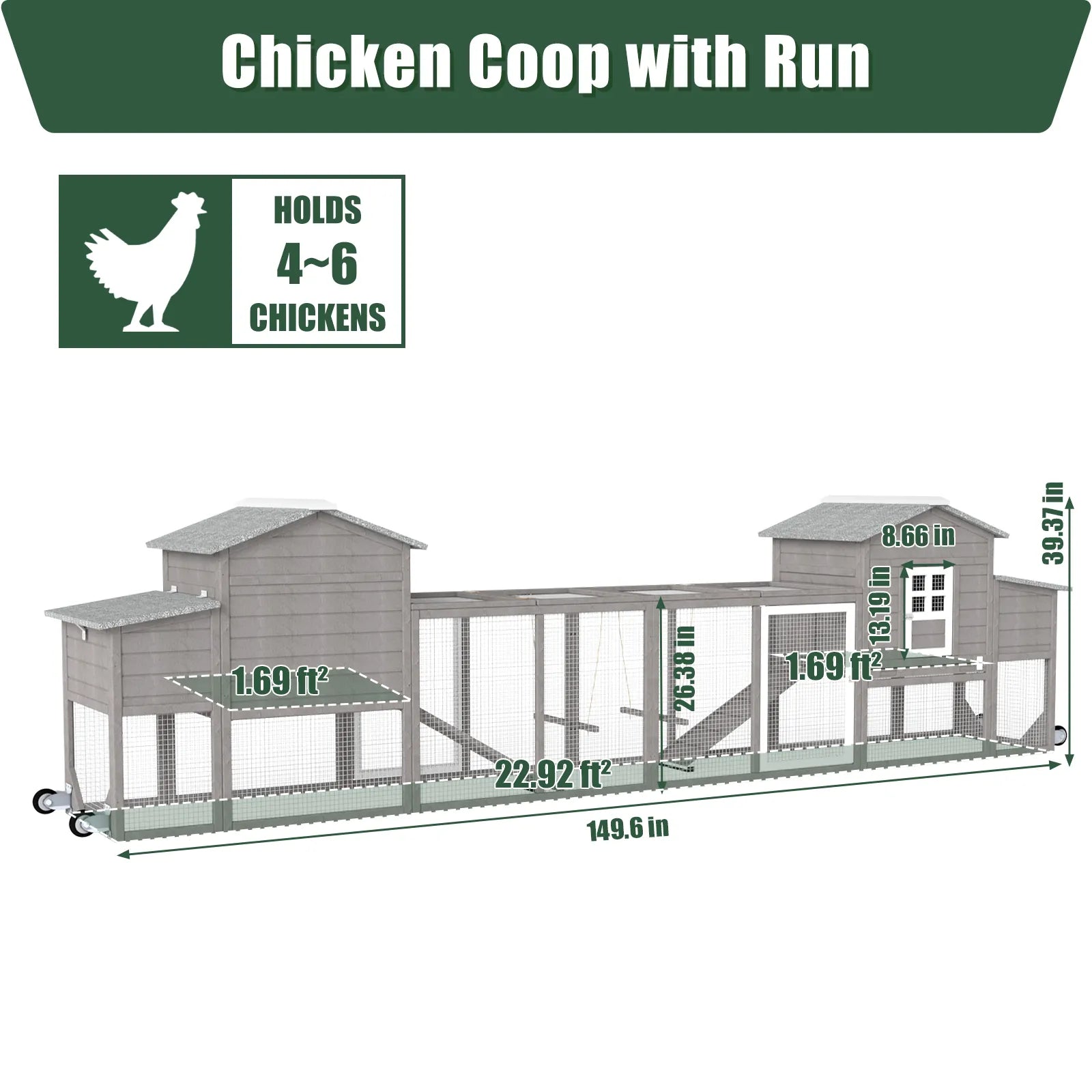 Medium Chicken Coop for 3-5 Chickens with Nesting Box, Tray and Wheels - PET21W