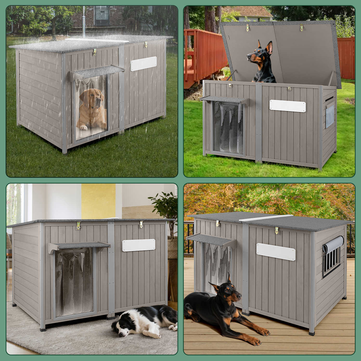 PETSCOSSET 55" XL Wooden Outdoor Dog House, Weatherproof Shelter for Large Dogs Up to 220lbs, Anti-Chew Frame, Window & Raised Base