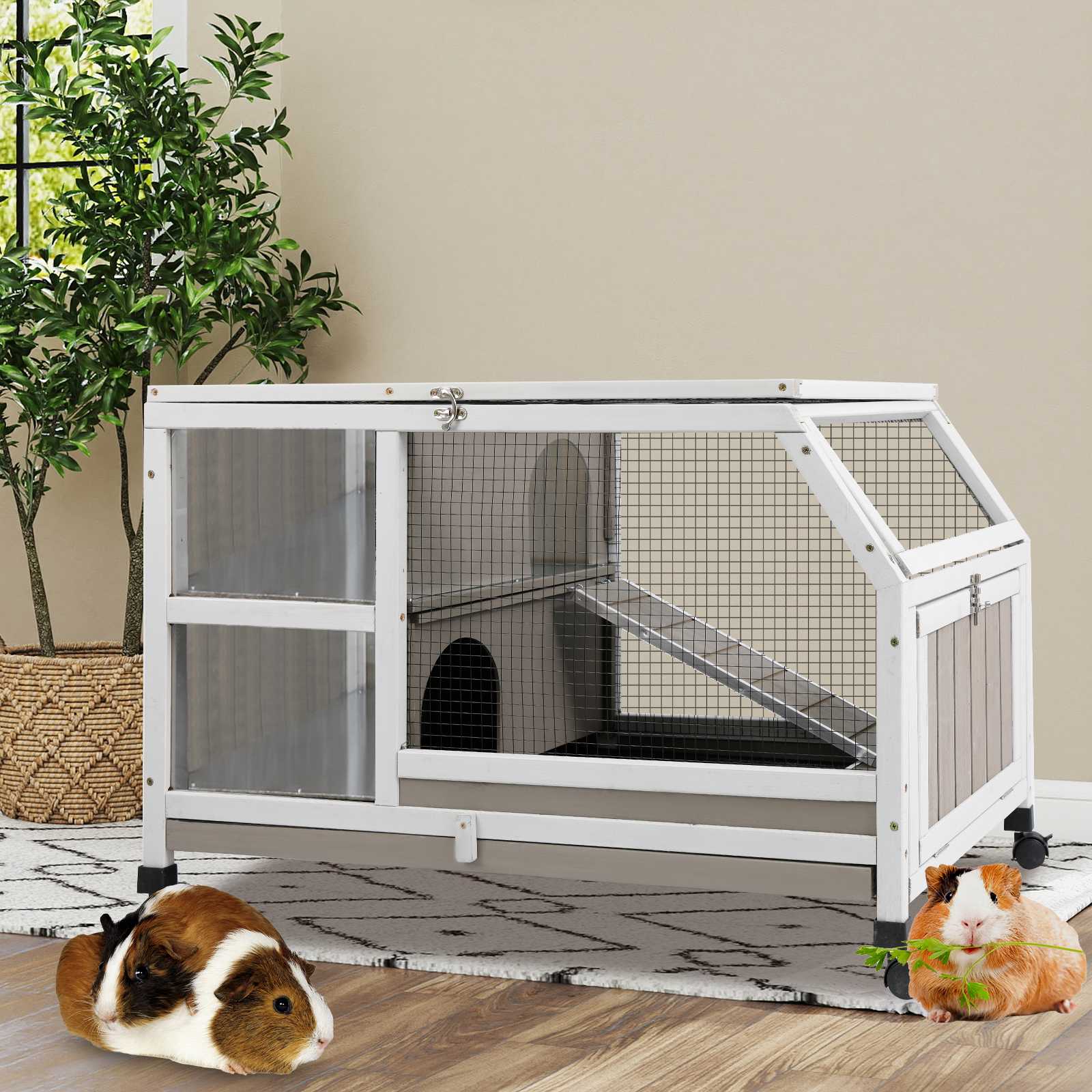PETSCOSSET Indoor Guinea Pig Cage on Wheels, Large Small Animal Habitat with Ramp, Hideout & Deep Pull-Out Tray for Rabbit, Chinchilla, Rat