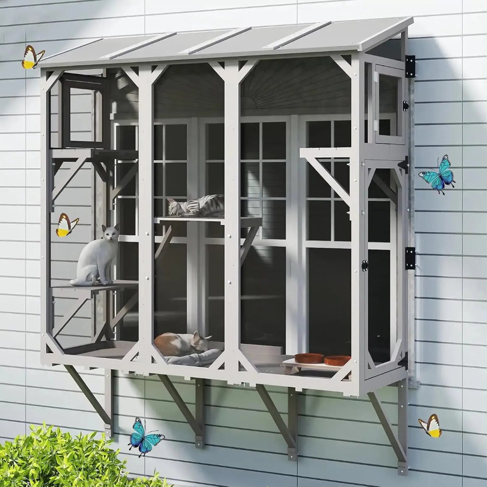 PETSCOSSET 68‘’L Wooden Cat Catio, Expandable Window Box Enclosure for Multiple Indoor Cats