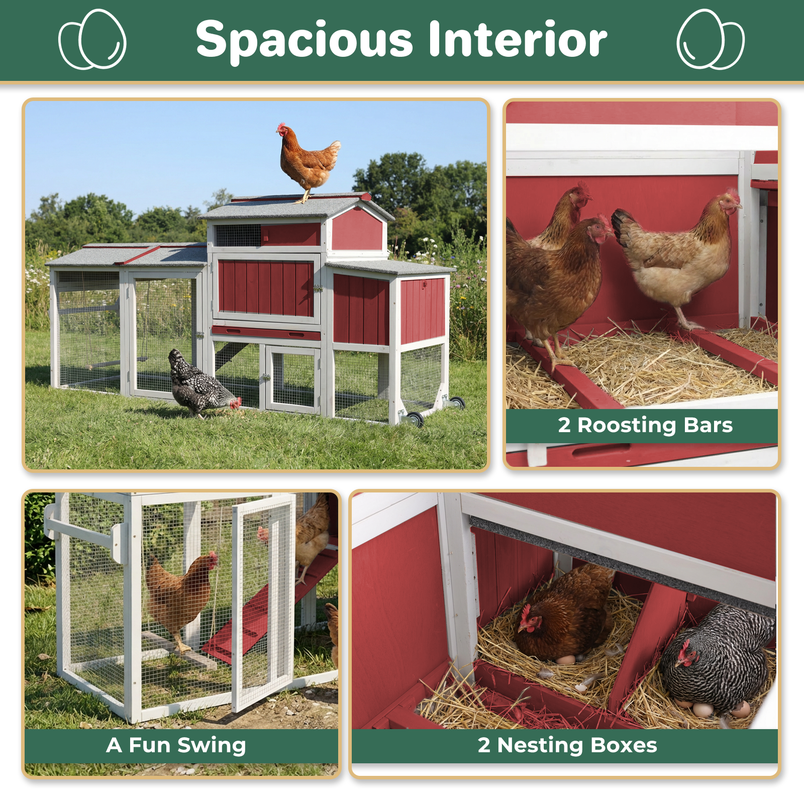 Large Weatherproof Mobile Chicken Coop with Run, Wheels & Swing-PET83-REDWHITE