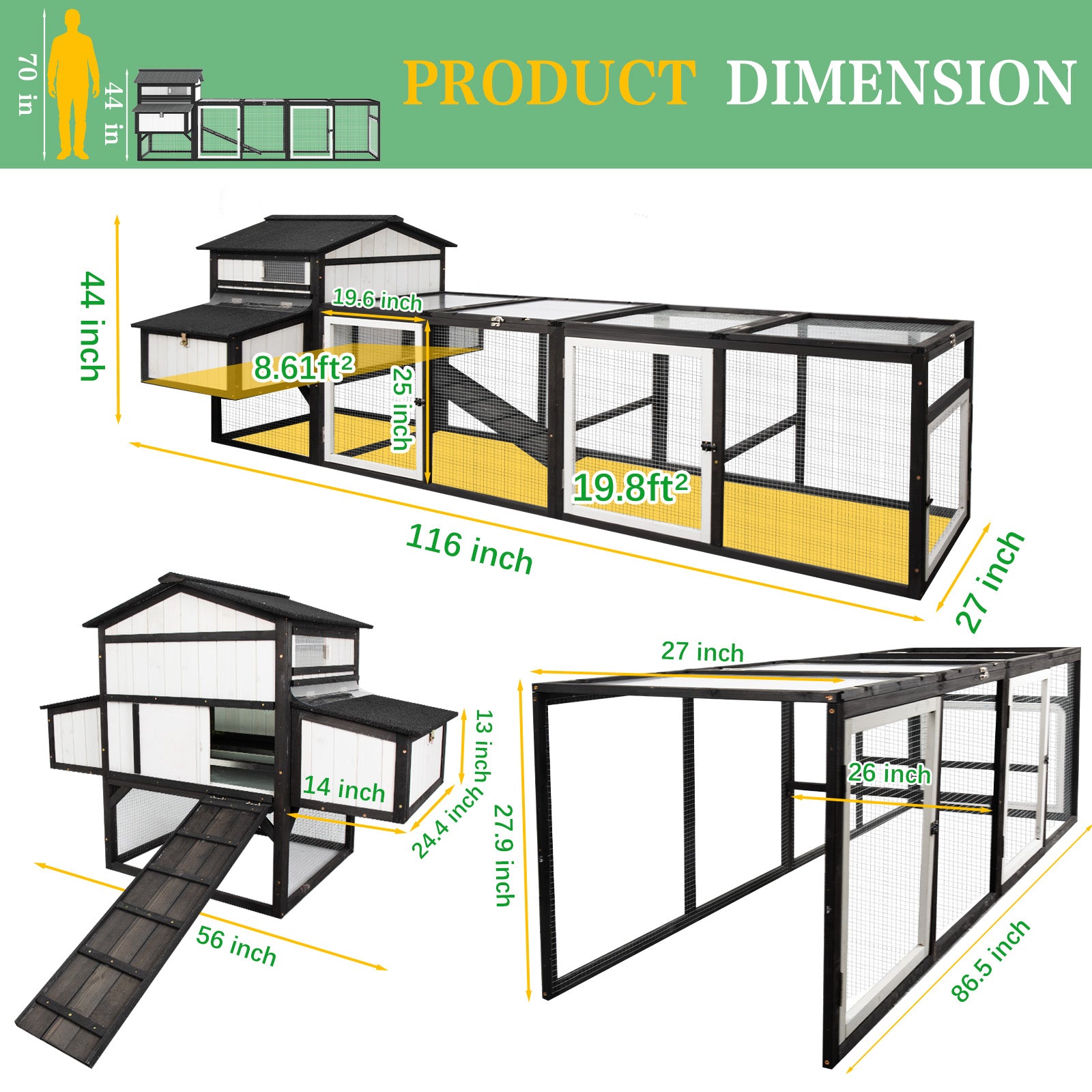 Large chicken coop with run for 4–12 chickens, includes 4 nesting boxes - PET27