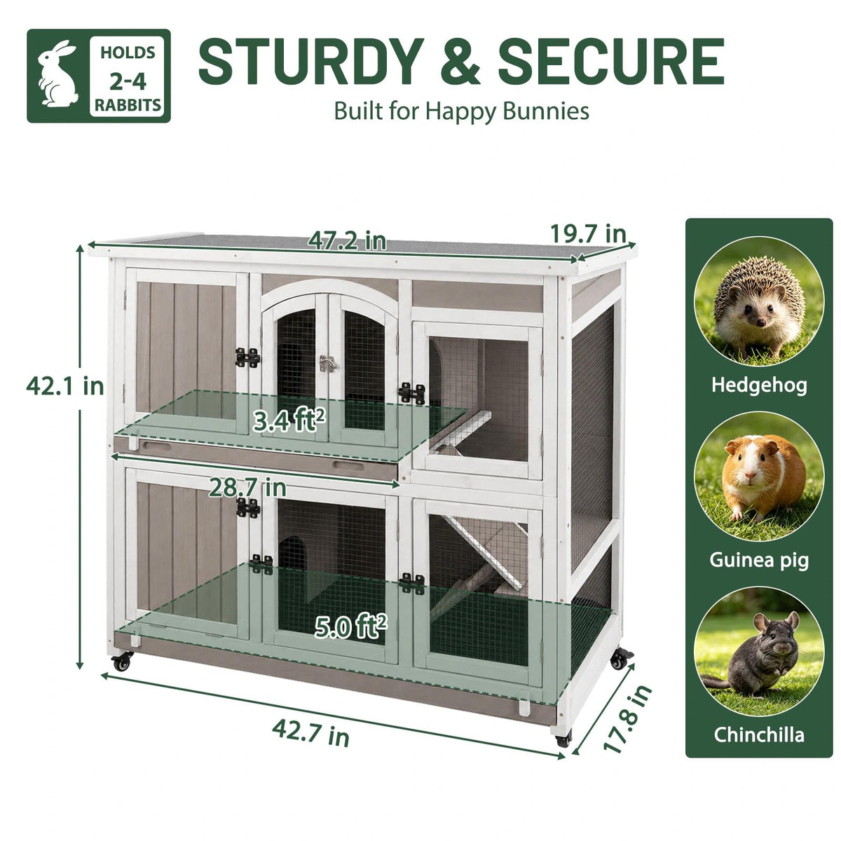 PETSCOSSET Rabbit Hutch (47.2"L) - 2-Story, Wheels & Trays - PET33