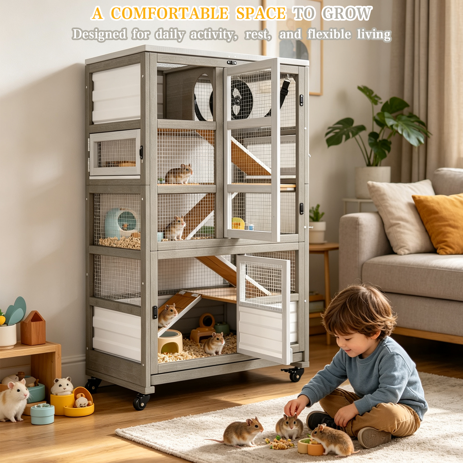 Guinea Pig Cage 5-Tier Wooden Hamster Habitat with Pull-Out Tray & Wheels-PET59