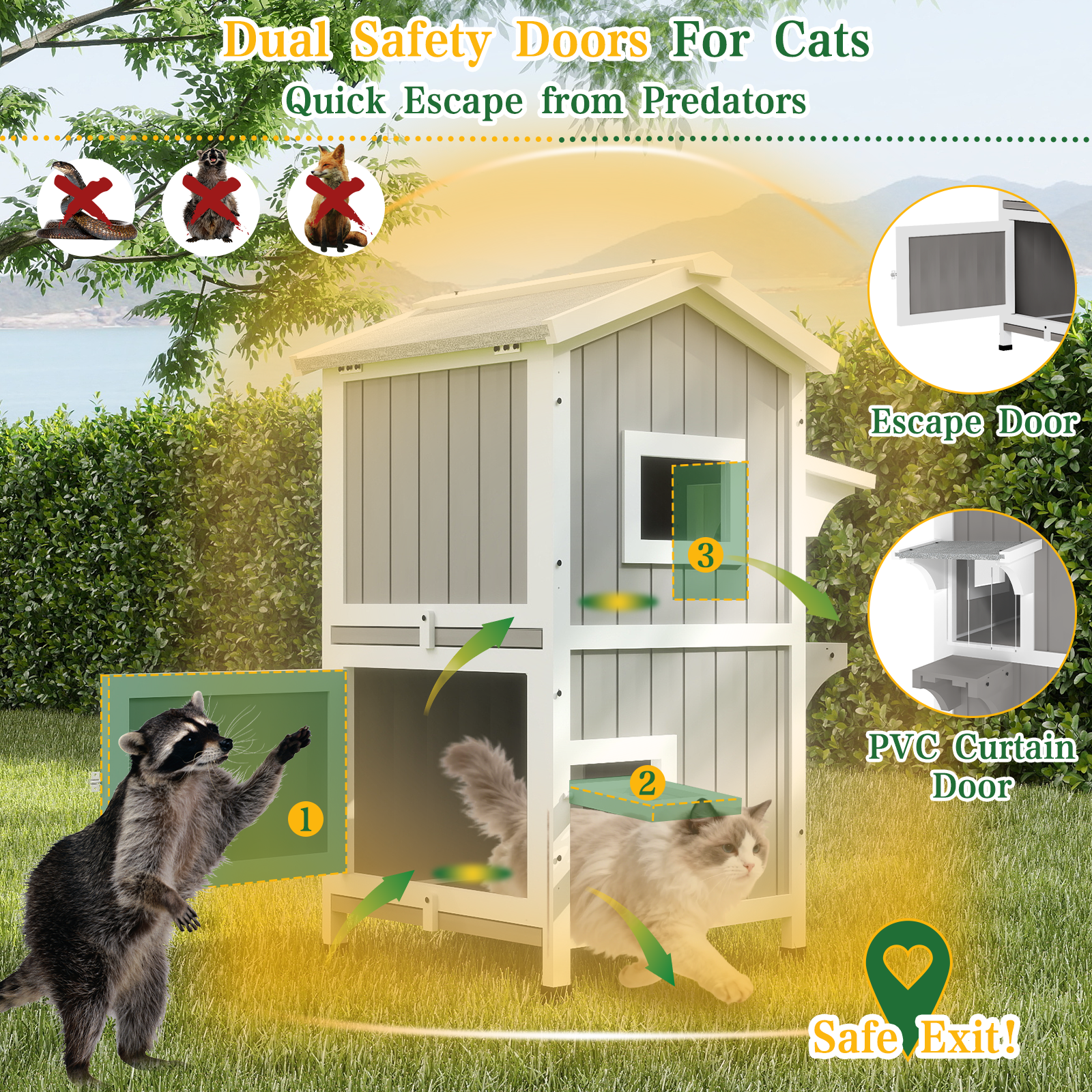 Two-Story Wooden Feral Cat Shelter with Asphalt Roof-04-GREYWHITE