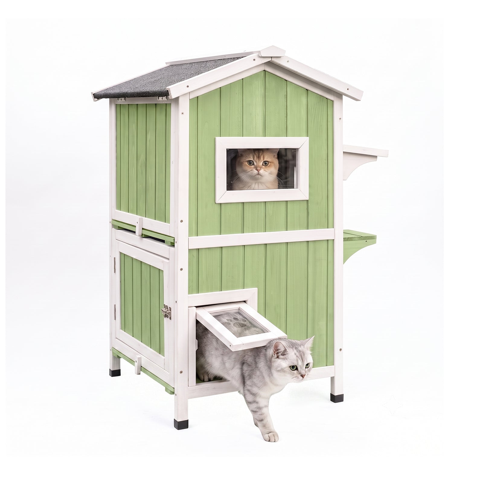 Outdoor Two-Story Weatherproof Wooden Feral Cat Shelter-04-GREENWHITE