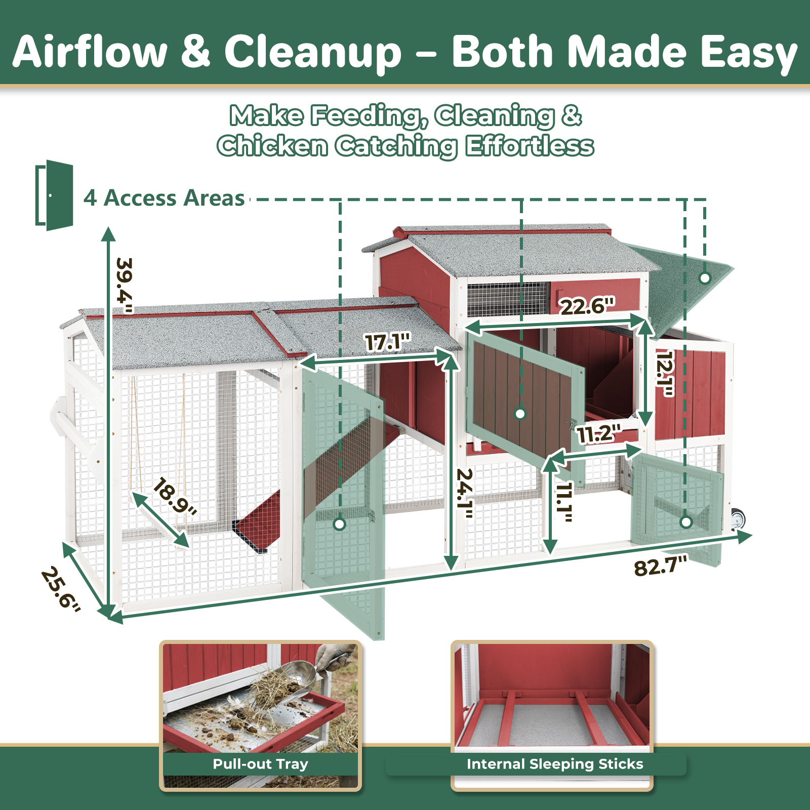 Large Weatherproof Mobile Chicken Coop with Run, Wheels & Swing-PET83-REDWHITE