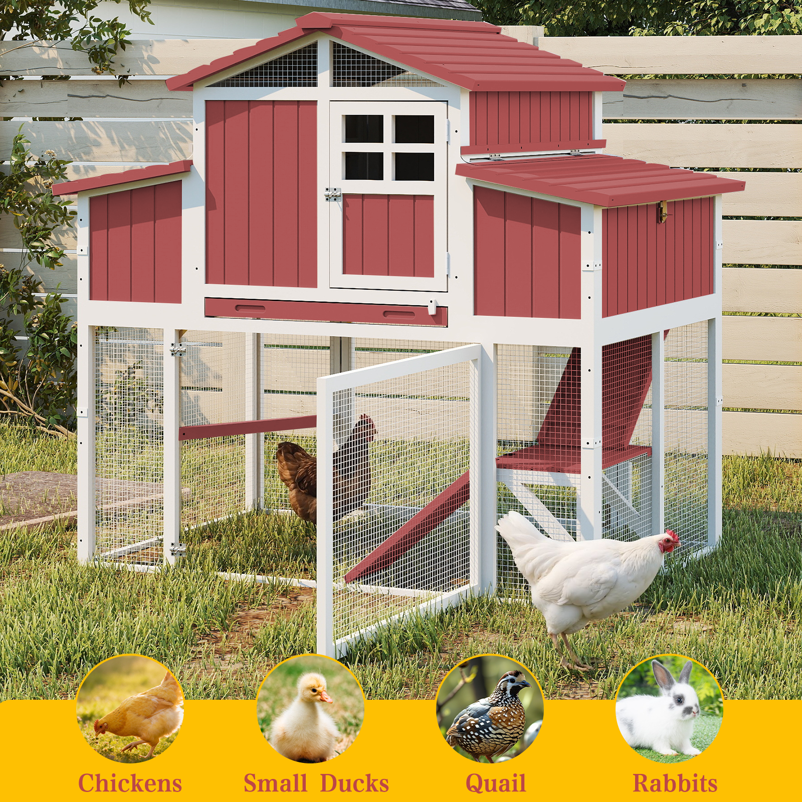 Expandable Large Chicken Coop Hen House with Run & 4 Nesting Boxes-PET85-REDWHITE