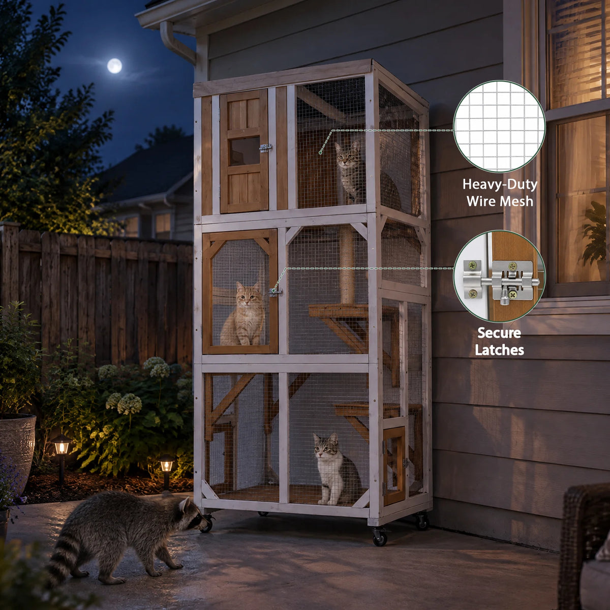 62.6" Rolling Wooden Outdoor Catio with Waterproof Roof & Window Access-PET98