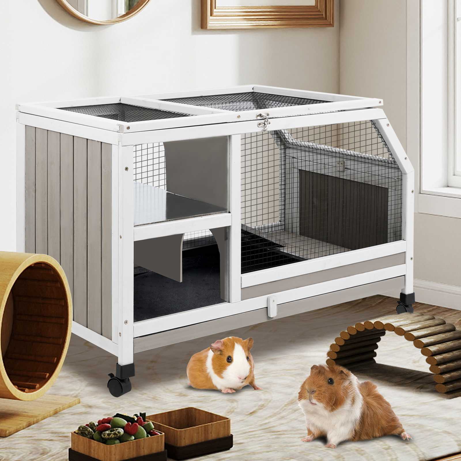 PETSCOSSET Indoor Guinea Pig Cage on Wheels, Large Small Animal Habitat with Ramp, Hideout & Deep Pull-Out Tray for Rabbit, Chinchilla, Rat