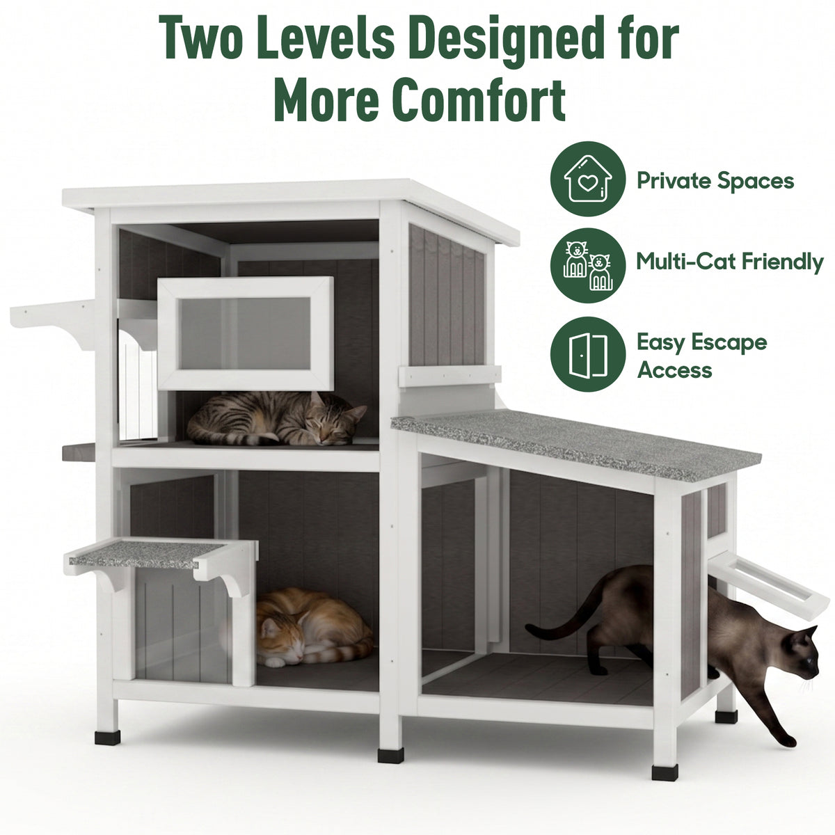 2-Story Weatherproof Wooden Cat House with 3 Escape Doors - PET19