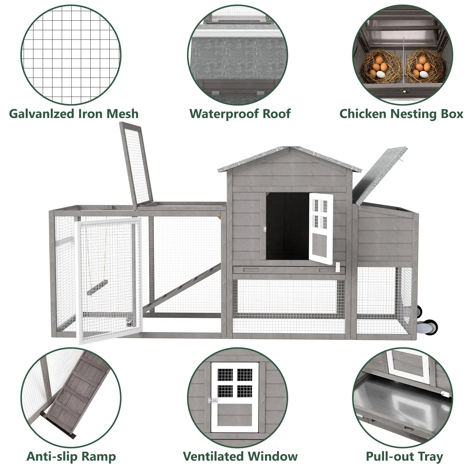 Medium Chicken Coop for 3-5 Chickens with Nesting Box, Tray and Wheels