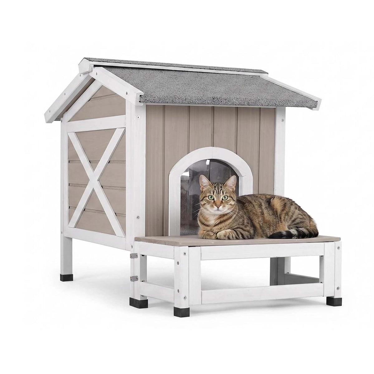 Outdoor Cat House with Balcony, Openable Roof & Escape Door - Weatherproof Wooden Shelter-PET70