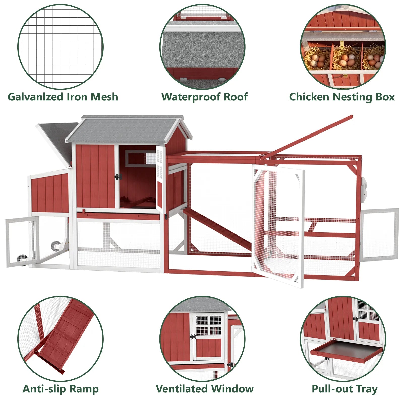 Medium Chicken Coop with Run for 4-8 Chickens Expandable to Large Coop