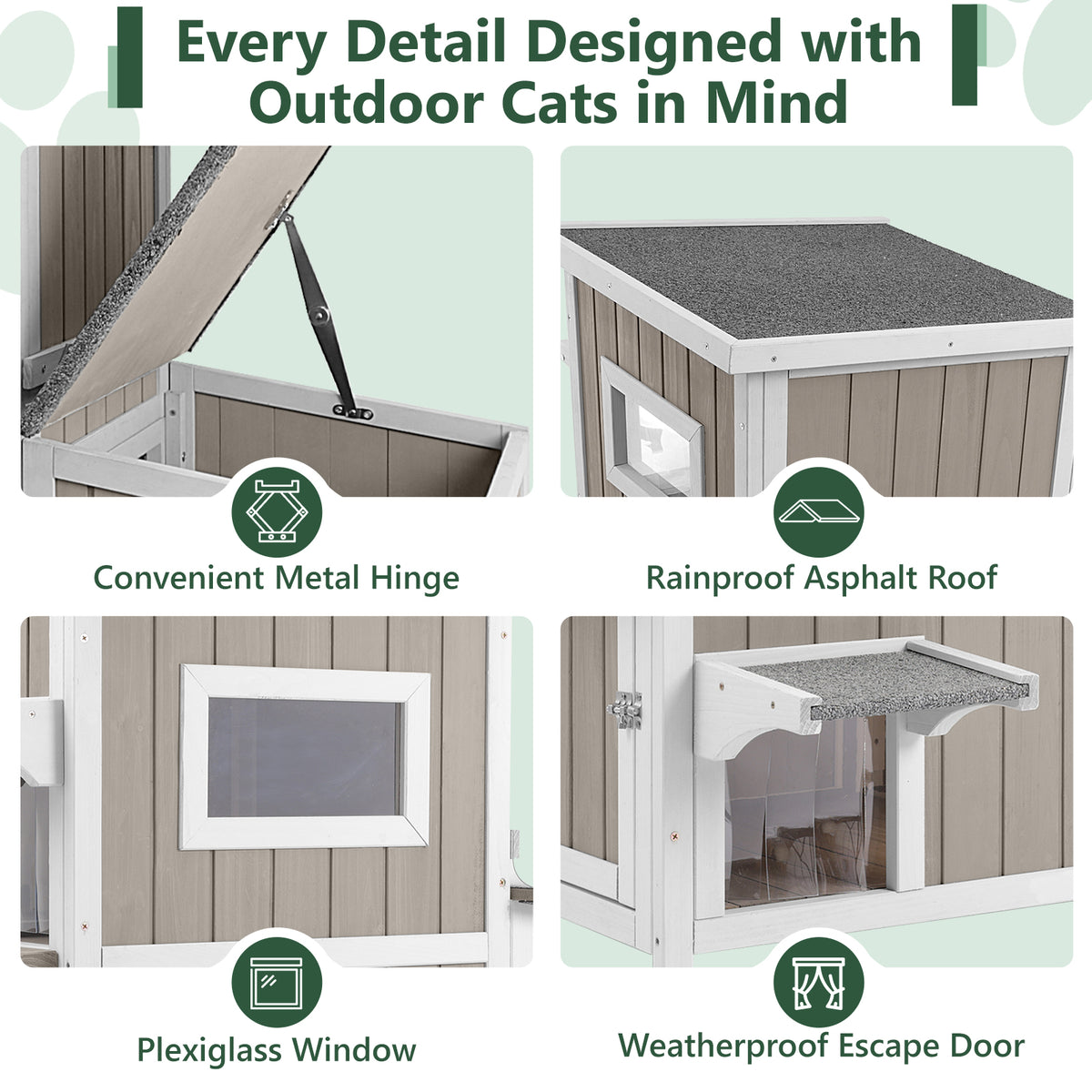 2-Story Weatherproof Wooden Cat House with 3 Escape Doors - PET19
