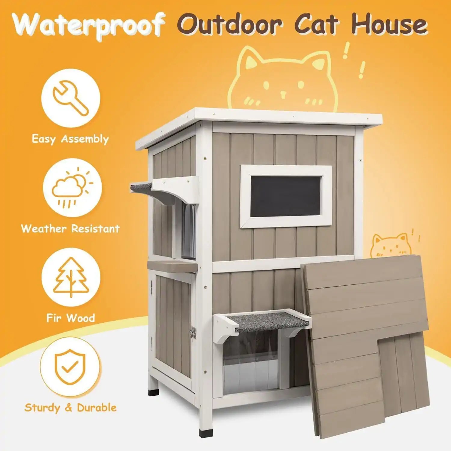 Cat sitting inside two-level outdoor shelter
