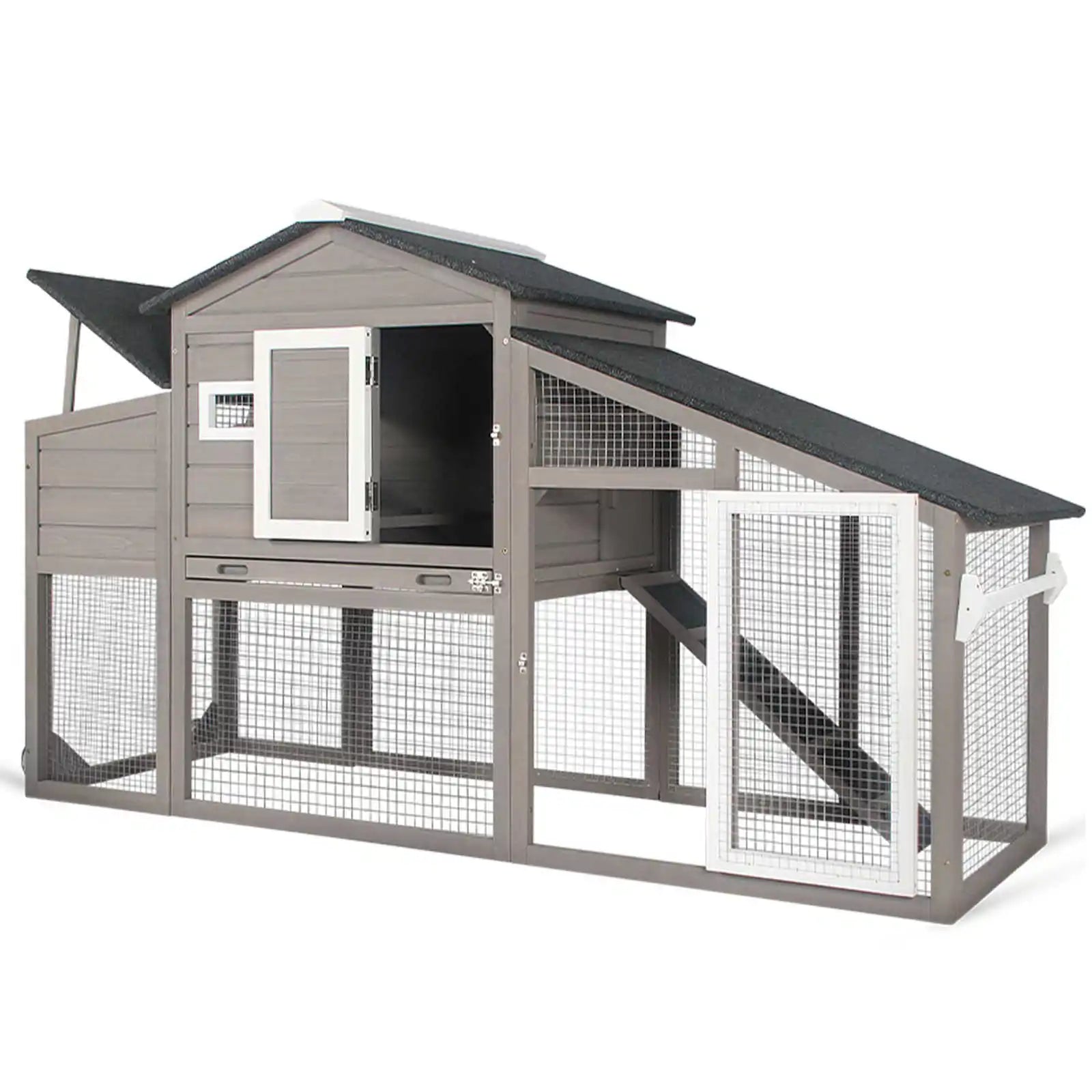 PETSCOSSET Wooden Chicken Coop with Run Indoor & Outdoor 2 Story Poultry Cage, for 2-3 Chickens, Grey