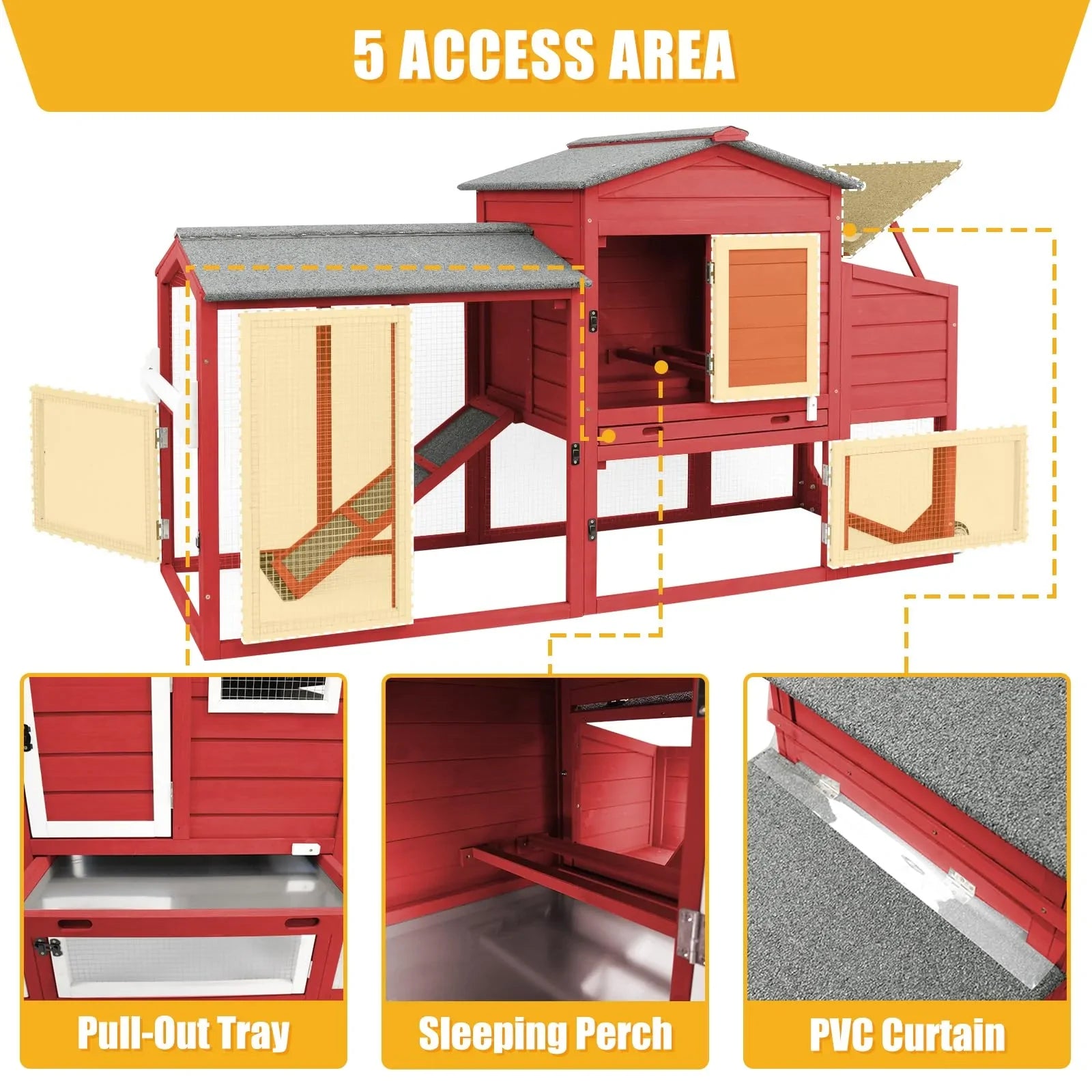 Red and white wooden coop with large living area