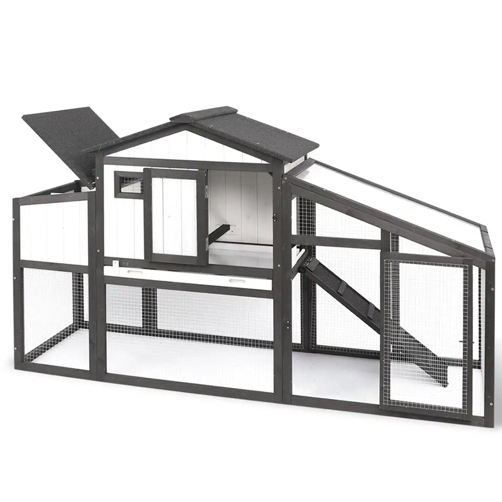 PETSCOSSET 65″L Chicken Coop with Run, Wooden Hen House with Nesting Box, UV Panel, Black