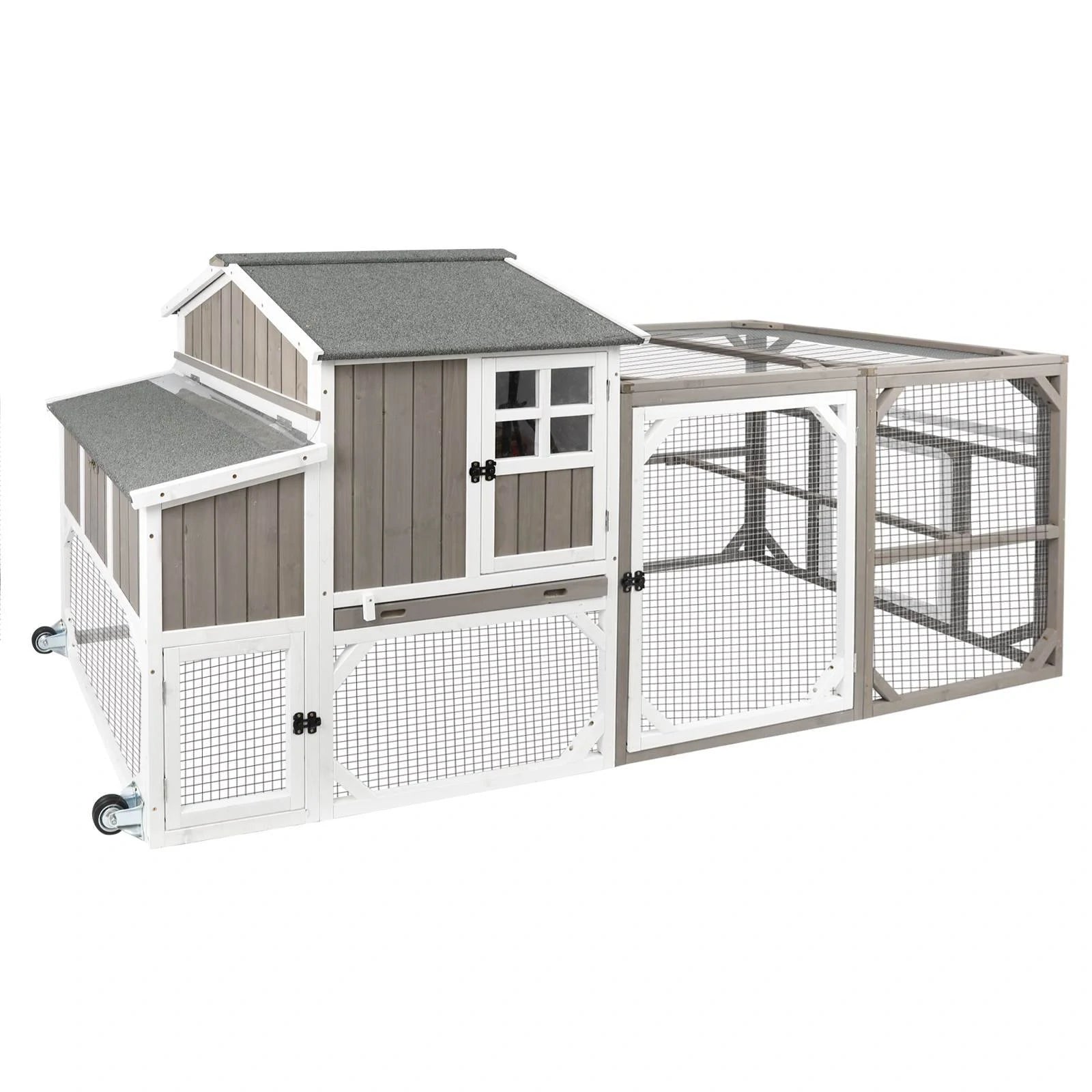 PETSCOSSET 95″ Large Chicken Coop Mobile Wooden Hen House with Nesting Box,with 6 Ventilation Door and Ramp,Grey