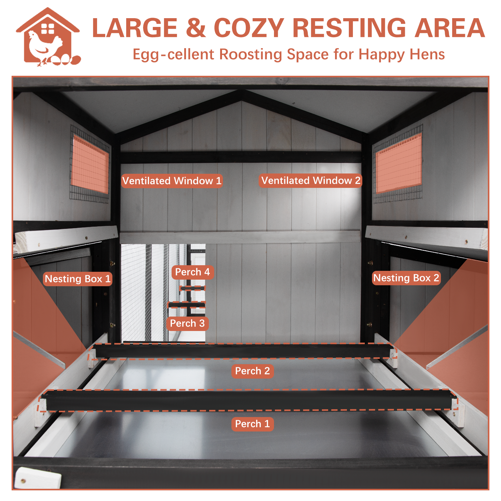 116″L Extra Large Chicken Coop with 4 Nesting Boxes for 4 Chickens-PET27-BLACKWHITE