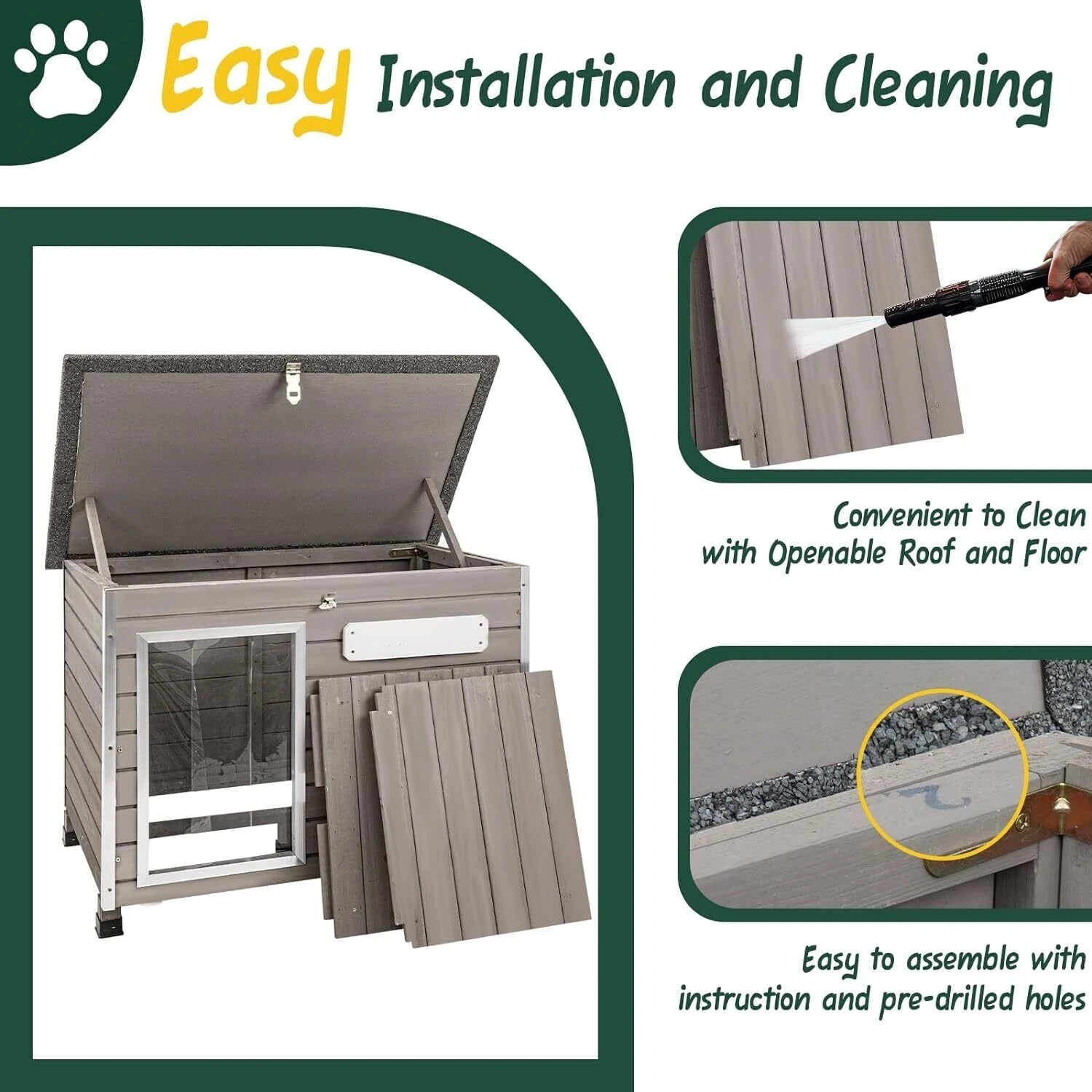 Durable grey wooden dog kennel with open door view