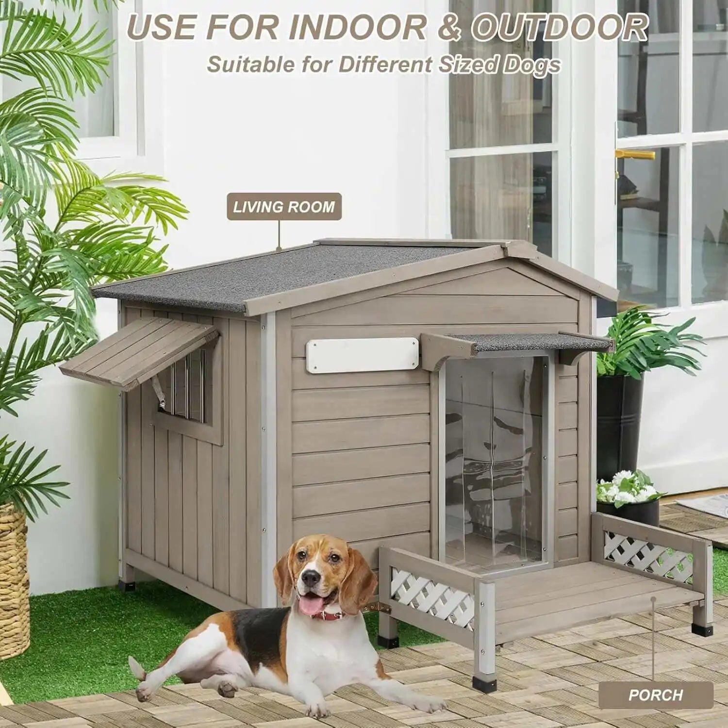 Elevated dog house with porch for sunbathing and rest