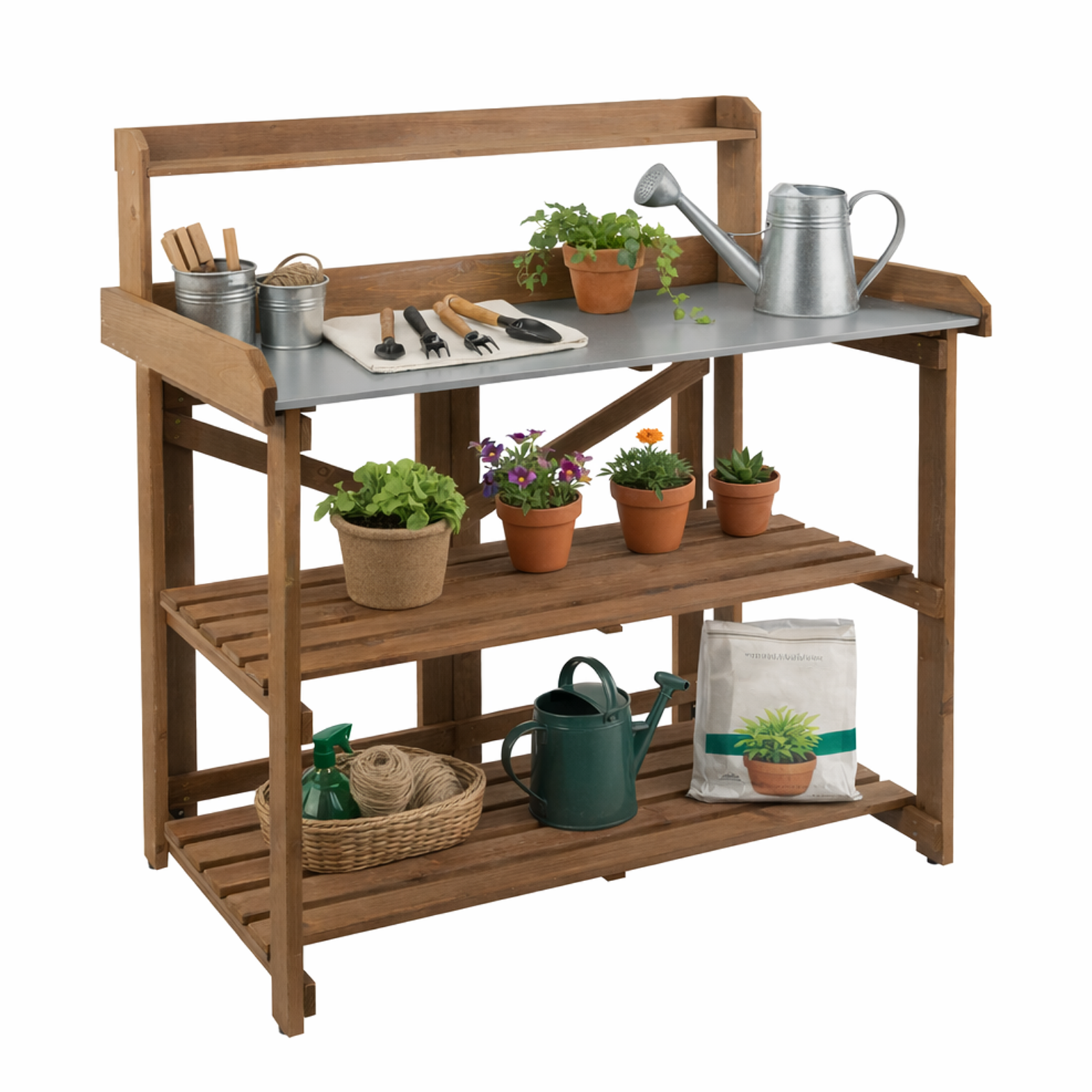 Outdoor Folding Potting Bench Table with Galvanized Tabletop,2 Tier Storage Shelves-GF12