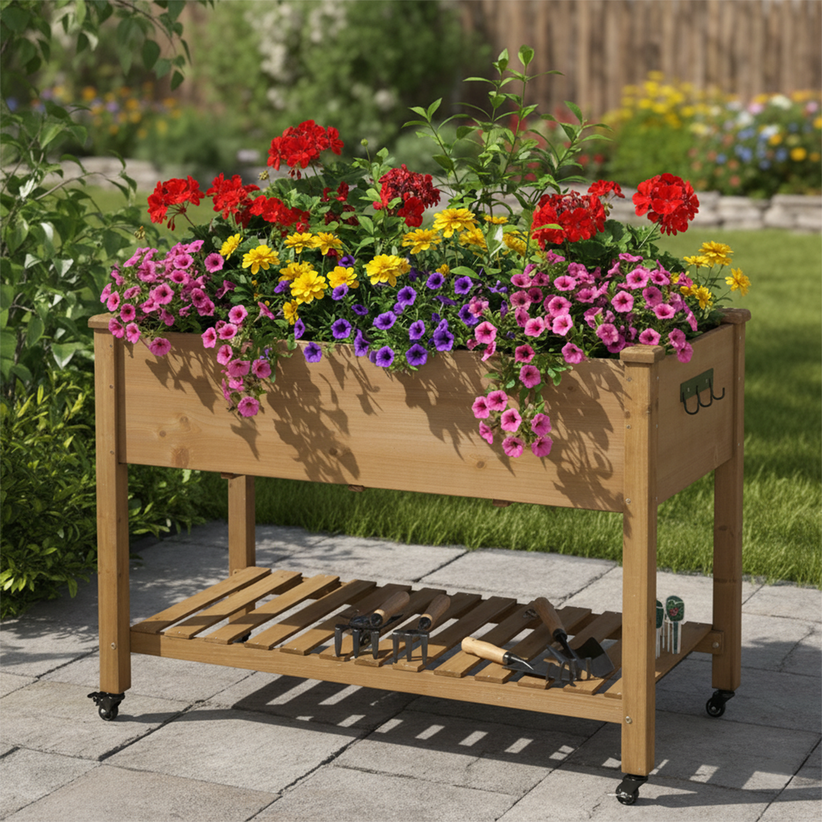 Wood Elevated Planter Box Outdoor w/ Wheels, Storage Shelf-GF22W