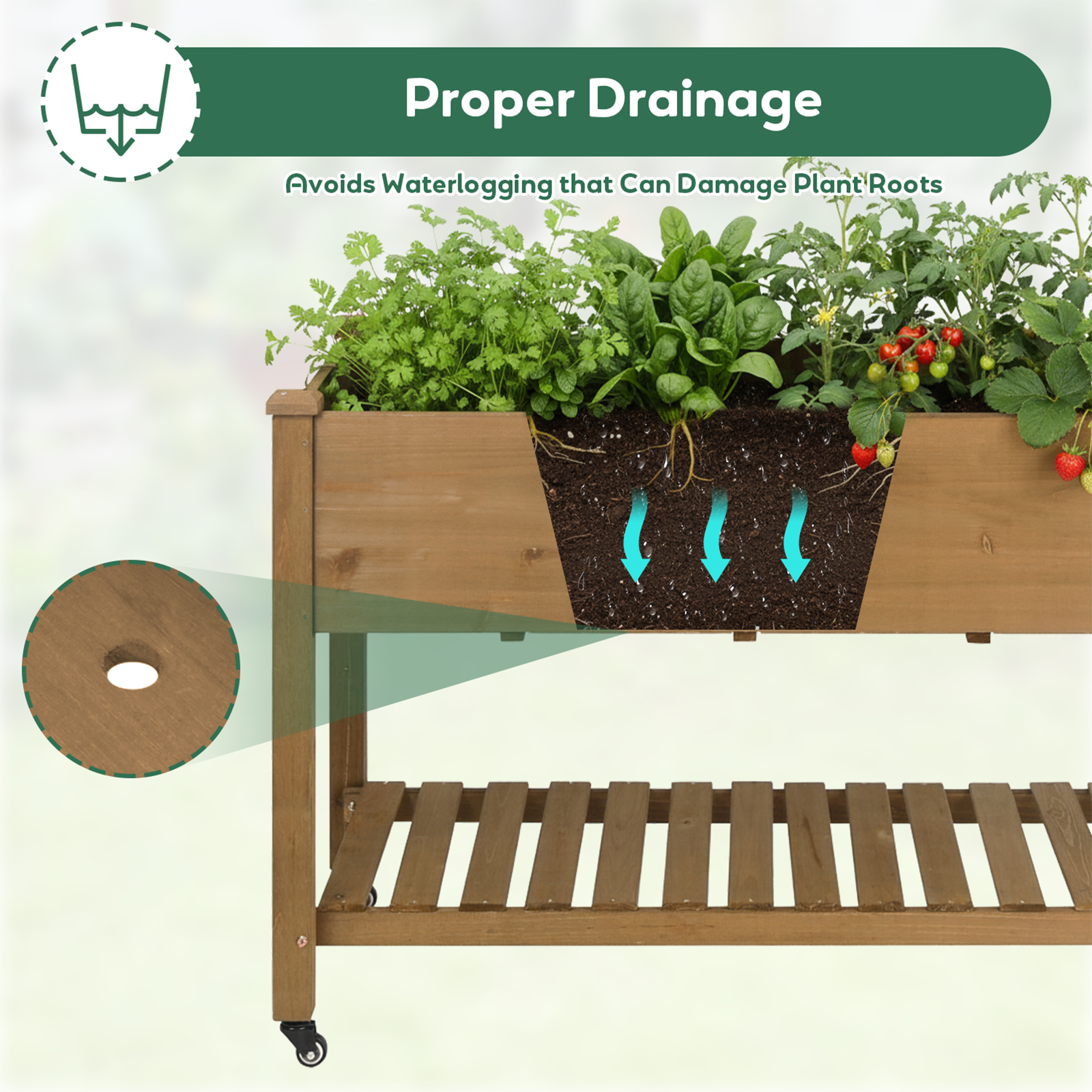 Wood Elevated Planter Box Outdoor w/ Wheels, Storage Shelf-GF22W